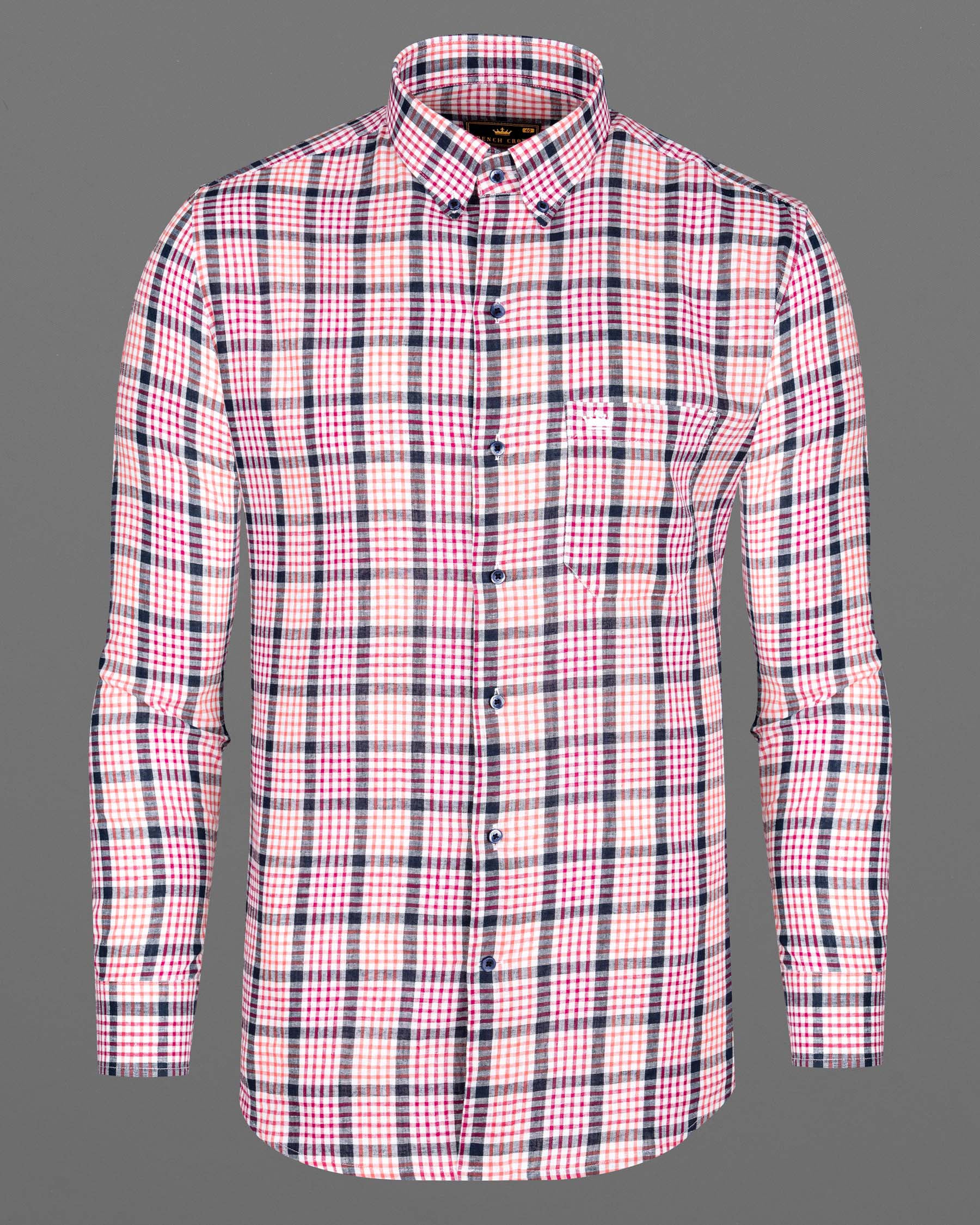 White and Bittersweet Peach Multicolour Plaid Luxurious Linen Shirt