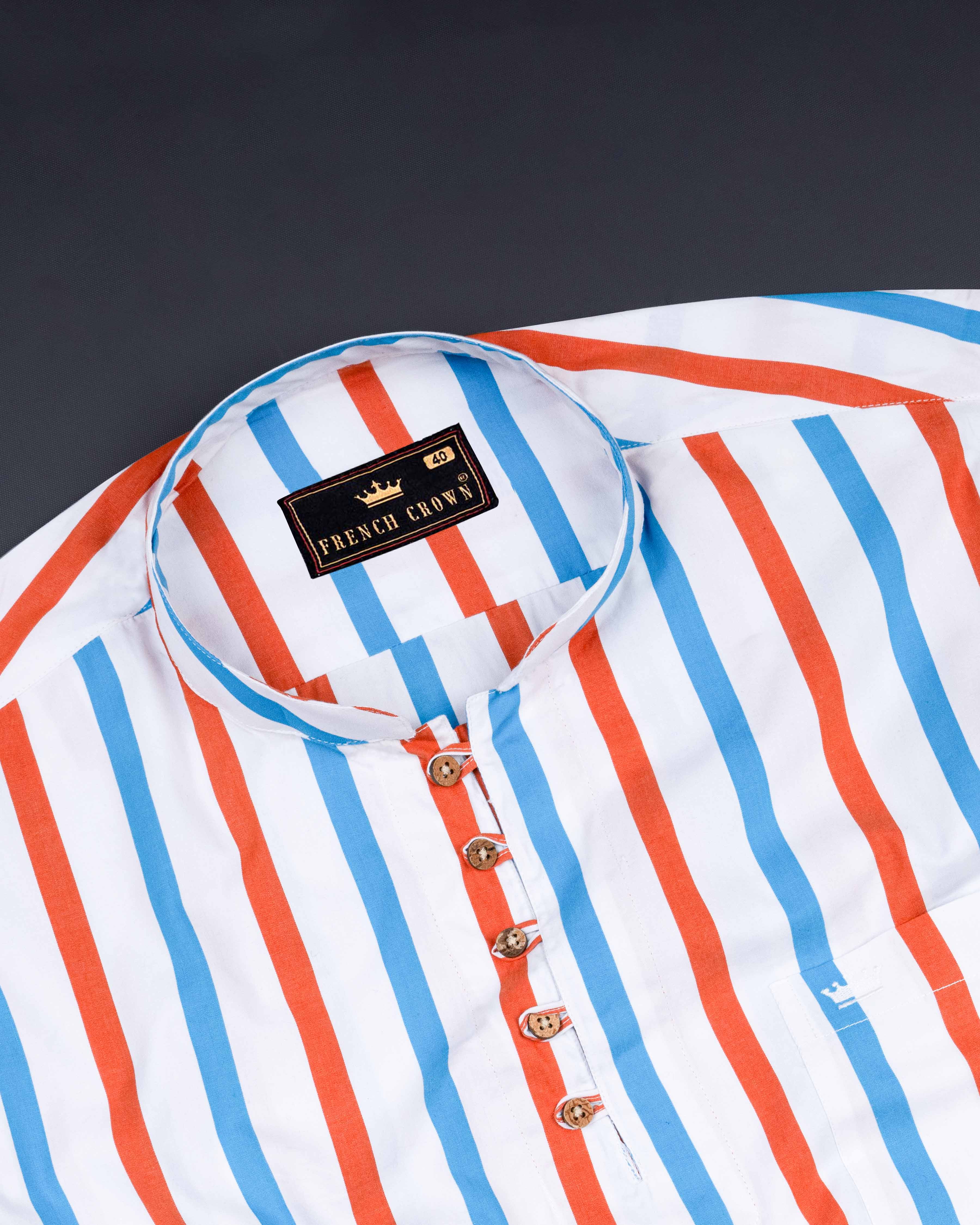 Cornflower Blue with Outrageous Orange Striped Premium Cotton Kurta Shirt