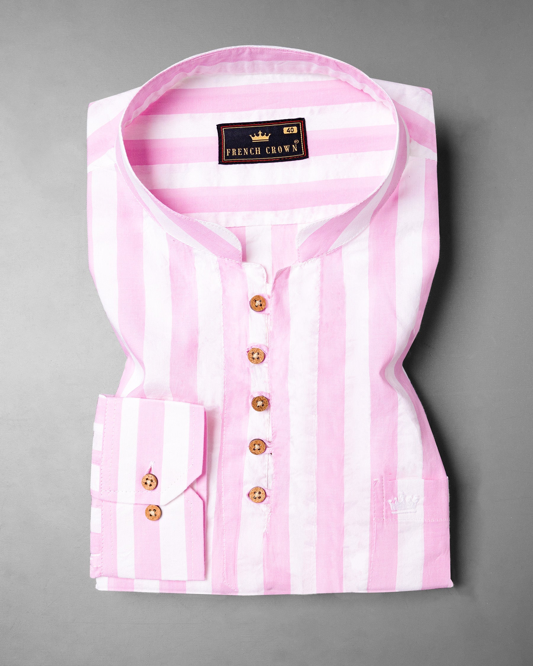 Bright White and Cherub Pink Striped Premium Cotton Kurta Shirt