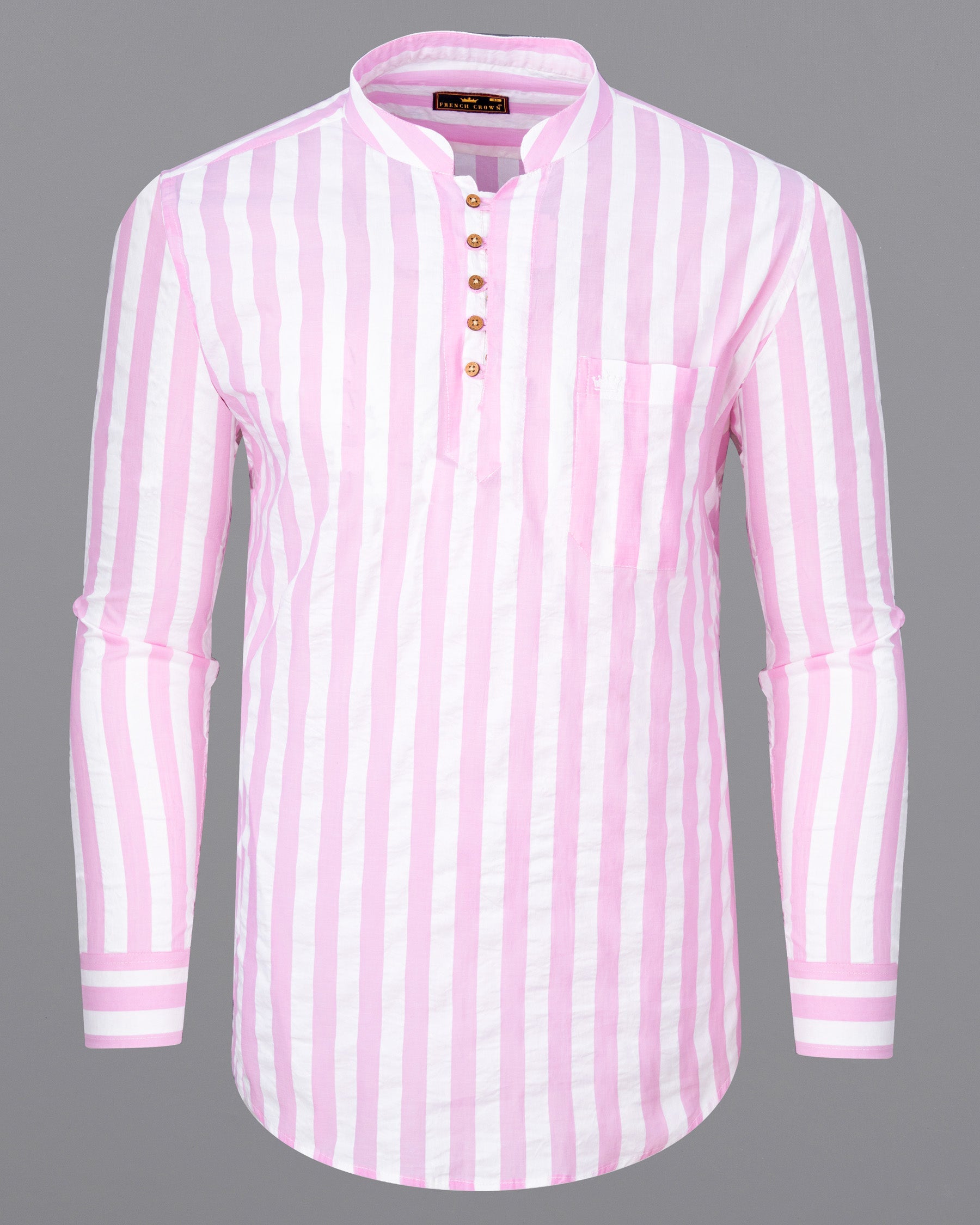 Bright White and Cherub Pink Striped Premium Cotton Kurta Shirt