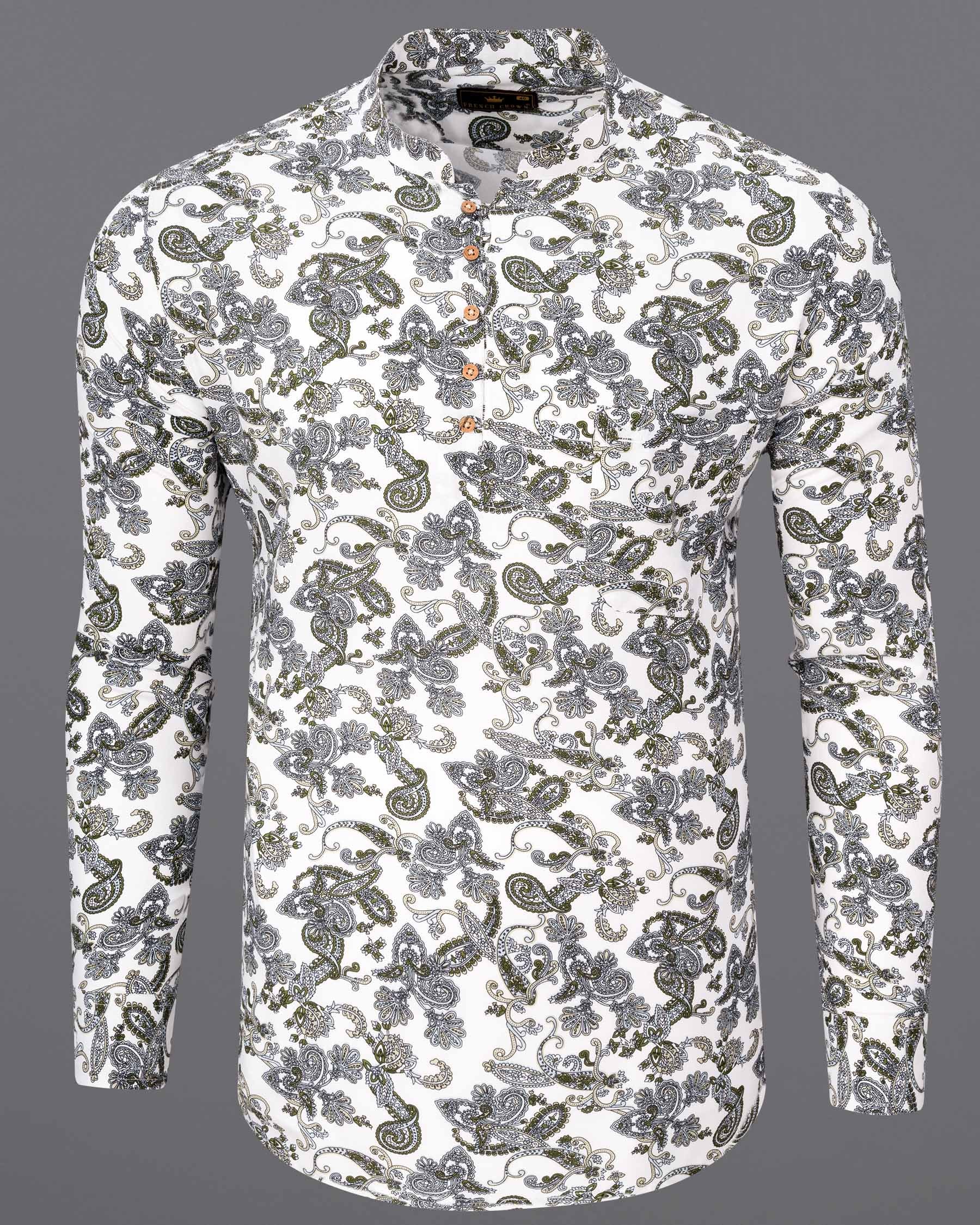 White Lilac and Rifle Green Paisley Printed Tencel Kurta Shirt