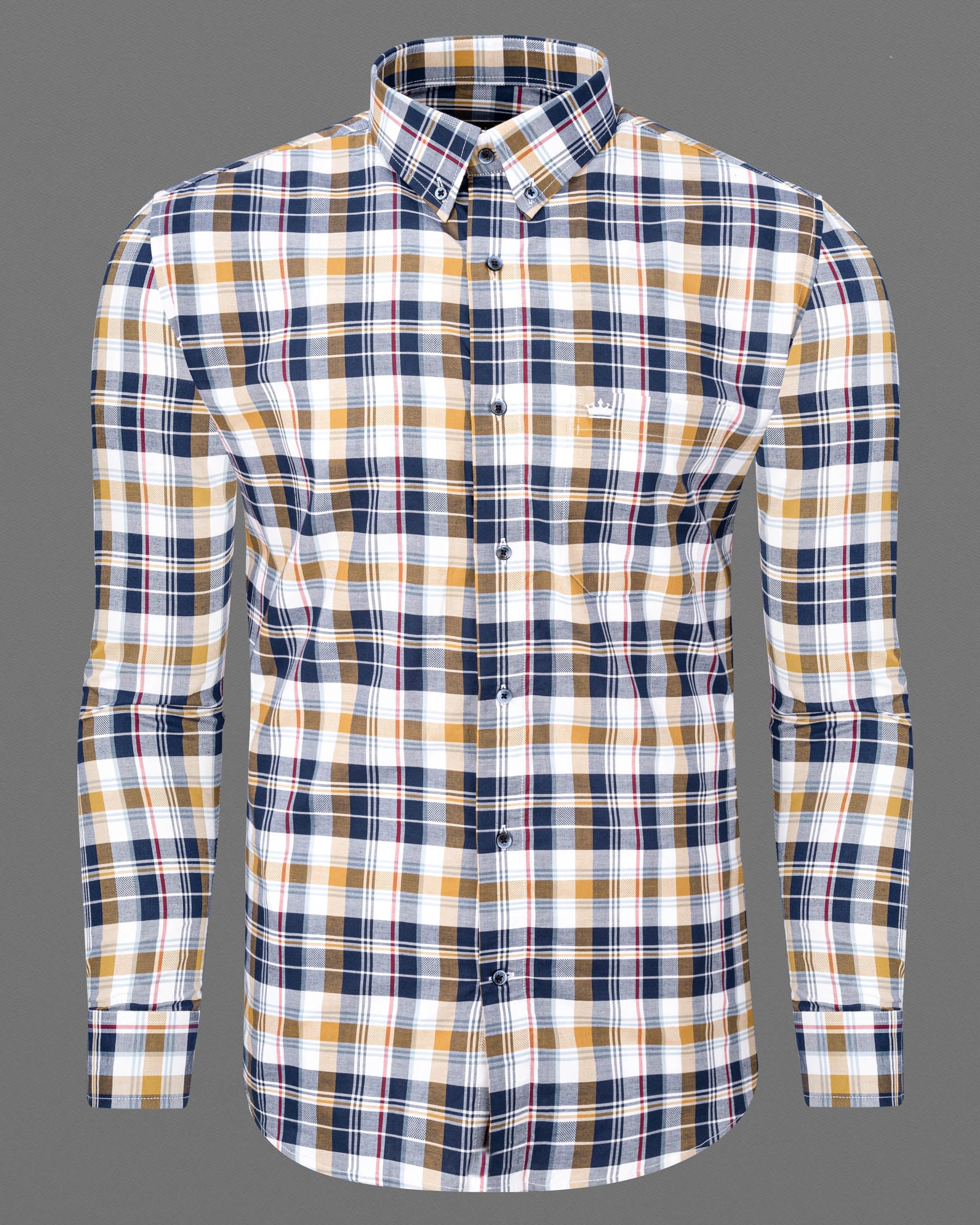 Metallic Blue and Desert Sand Brown Plaid Dobby Textured Premium Giza Cotton Shirt