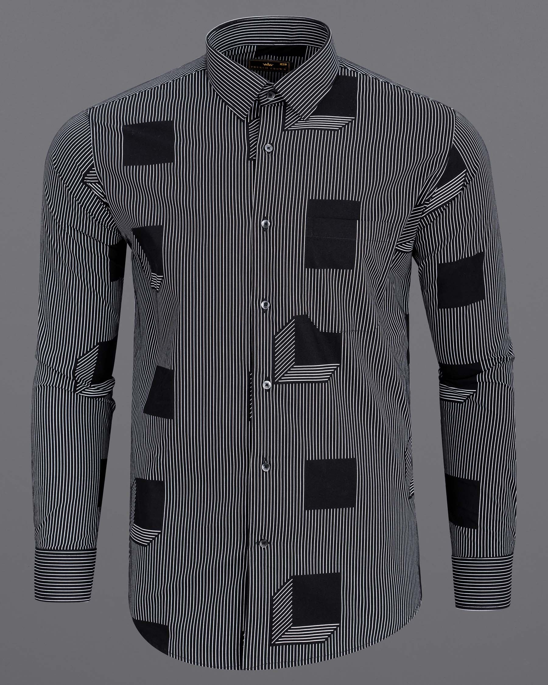 Jade Black 3D Box Printed and Pinstriped Premium Cotton Shirt