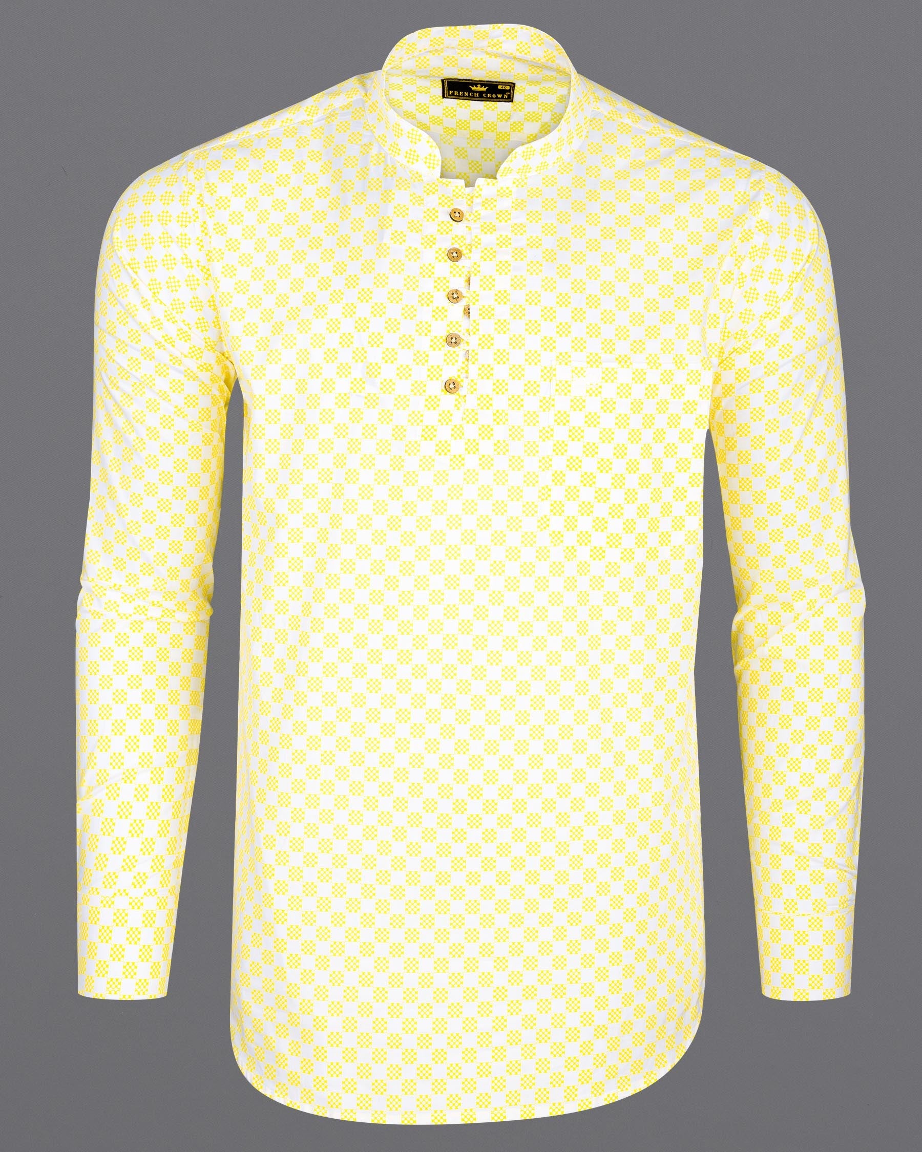 Custard Yellow with Bright White Square Printed Premium Cotton Kurta Shirt