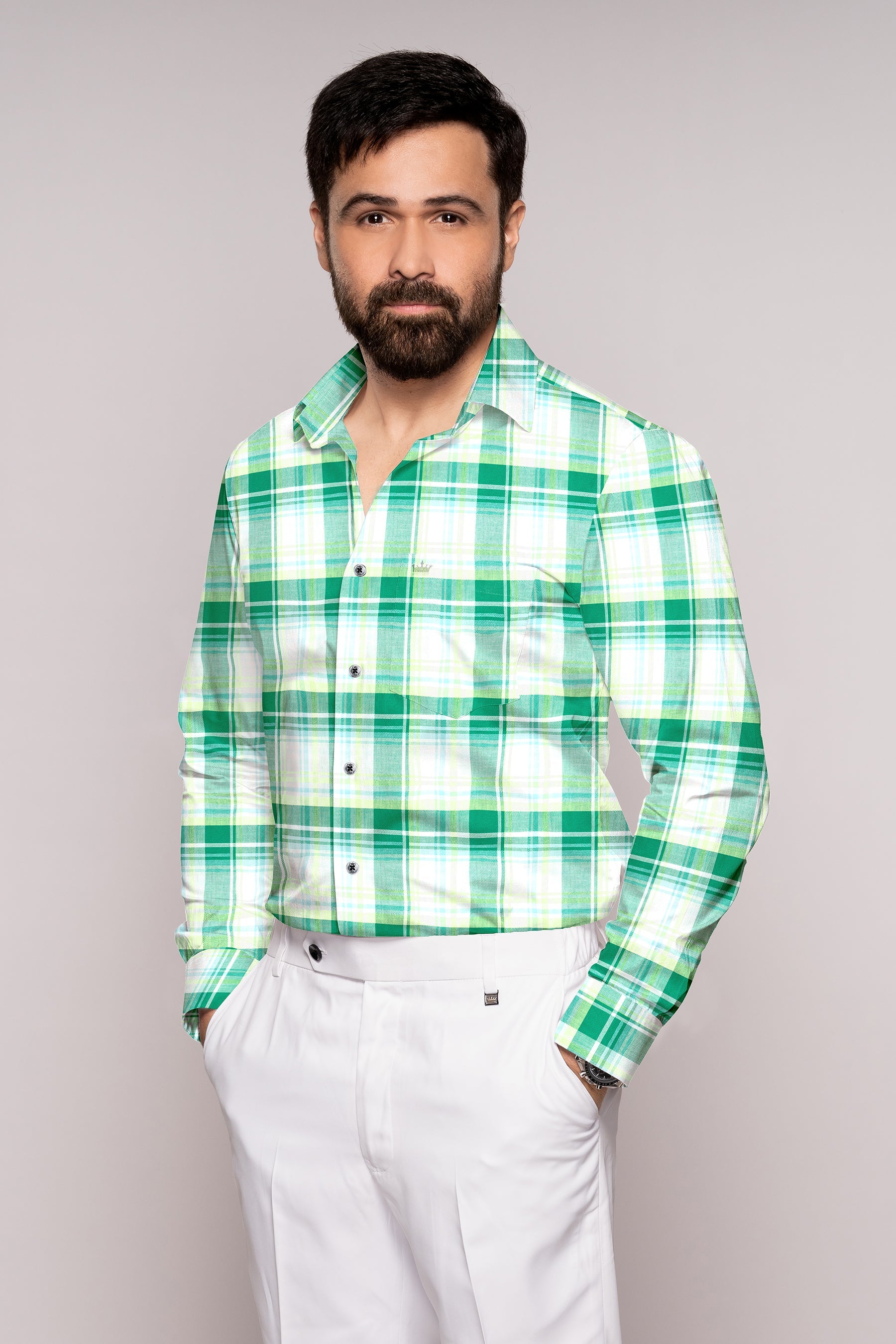 Eucalyptus Green and Light Sage Green Twill Plaid Premium Cotton Shirt