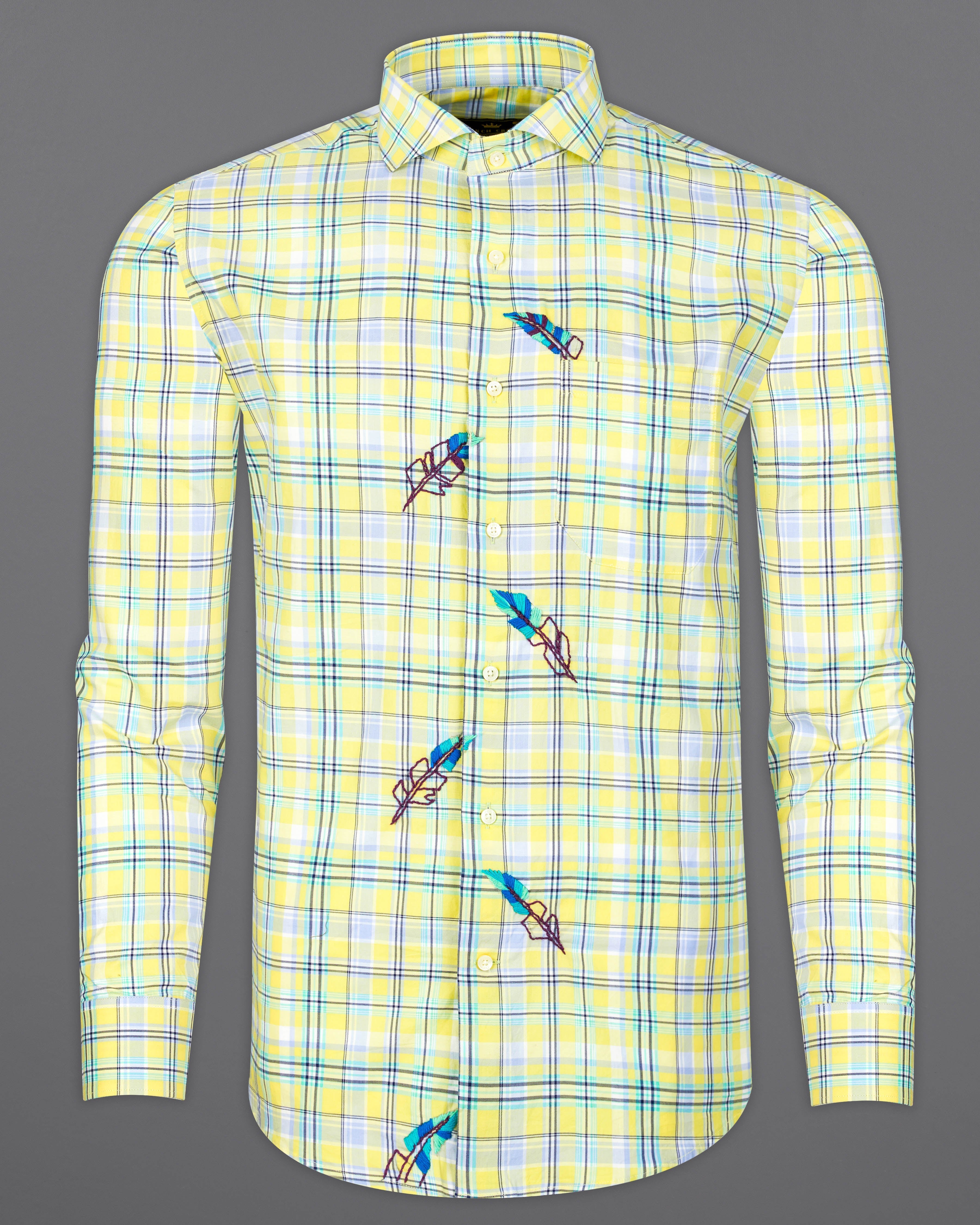 Manilla Yellow Checked with Leaves Embroidered Twill Premium Cotton Designer Shirt 7046-CA-E082-38, 7046-CA-E082-H-38, 7046-CA-E082-39, 7046-CA-E082-H-39, 7046-CA-E082-40, 7046-CA-E082-H-40, 7046-CA-E082-42, 7046-CA-E082-H-42, 7046-CA-E082-44, 7046-CA-E082-H-44, 7046-CA-E082-46, 7046-CA-E082-H-46, 7046-CA-E082-48, 7046-CA-E082-H-48, 7046-CA-E082-50, 7046-CA-E082-H-50, 7046-CA-E082-52, 7046-CA-E082-H-52