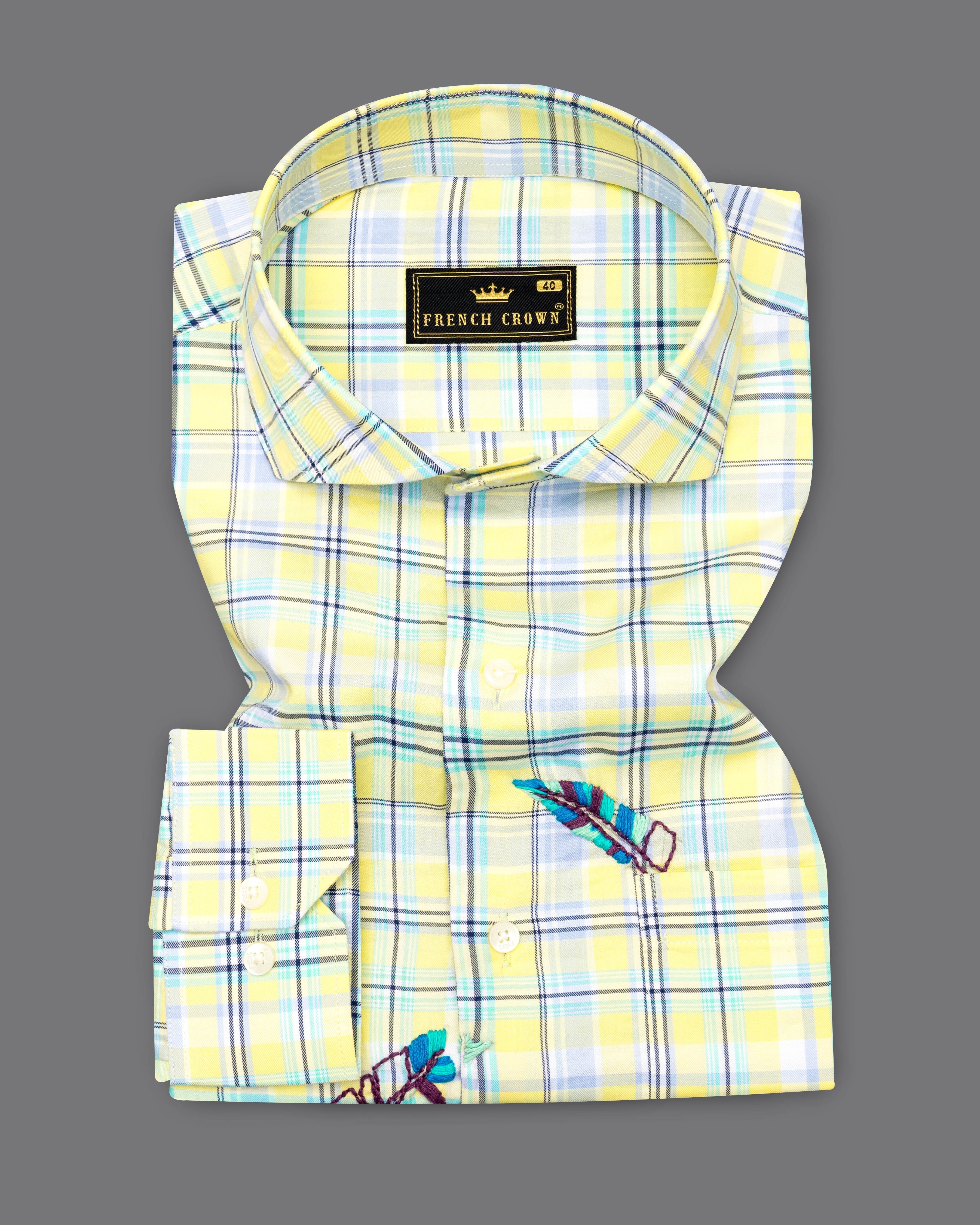 Manilla Yellow Checked with Leaves Embroidered Twill Premium Cotton Designer Shirt 7046-CA-E082-38, 7046-CA-E082-H-38, 7046-CA-E082-39, 7046-CA-E082-H-39, 7046-CA-E082-40, 7046-CA-E082-H-40, 7046-CA-E082-42, 7046-CA-E082-H-42, 7046-CA-E082-44, 7046-CA-E082-H-44, 7046-CA-E082-46, 7046-CA-E082-H-46, 7046-CA-E082-48, 7046-CA-E082-H-48, 7046-CA-E082-50, 7046-CA-E082-H-50, 7046-CA-E082-52, 7046-CA-E082-H-52