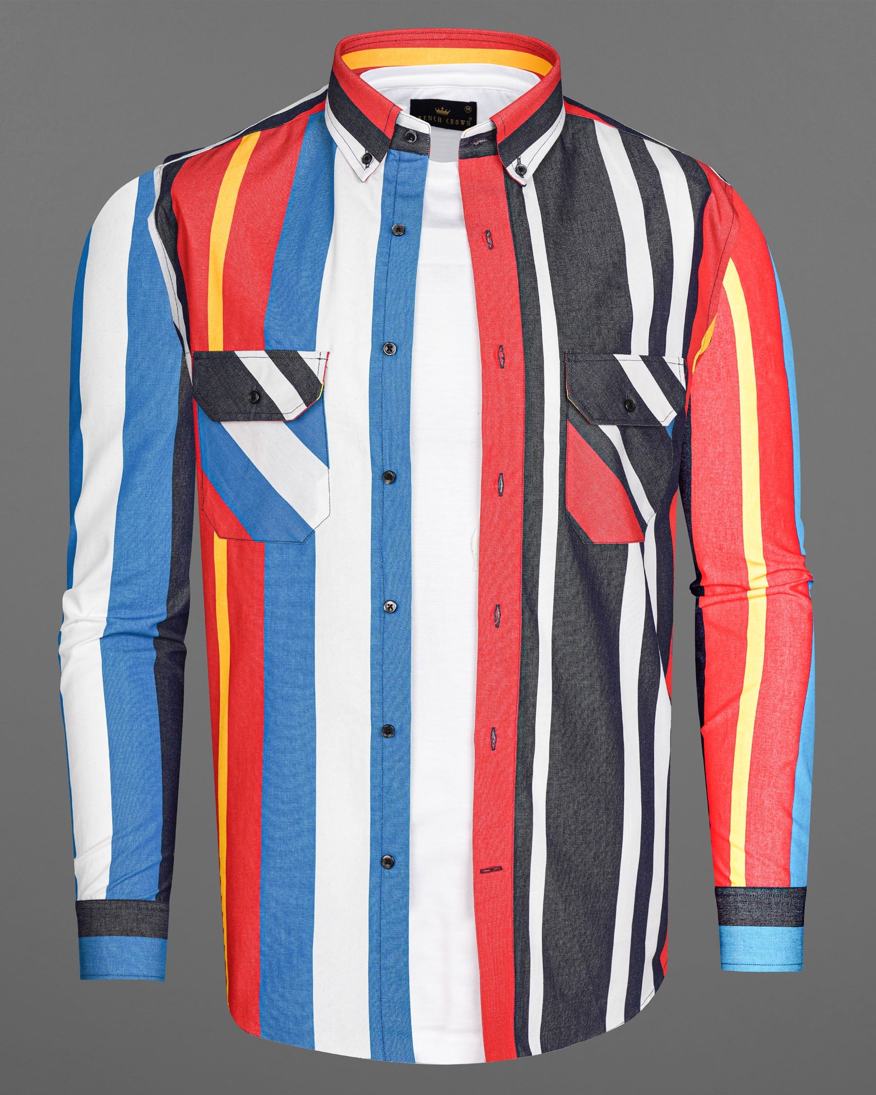 Bright White with Gun Powder Multicolour Striped Chambray Shirt