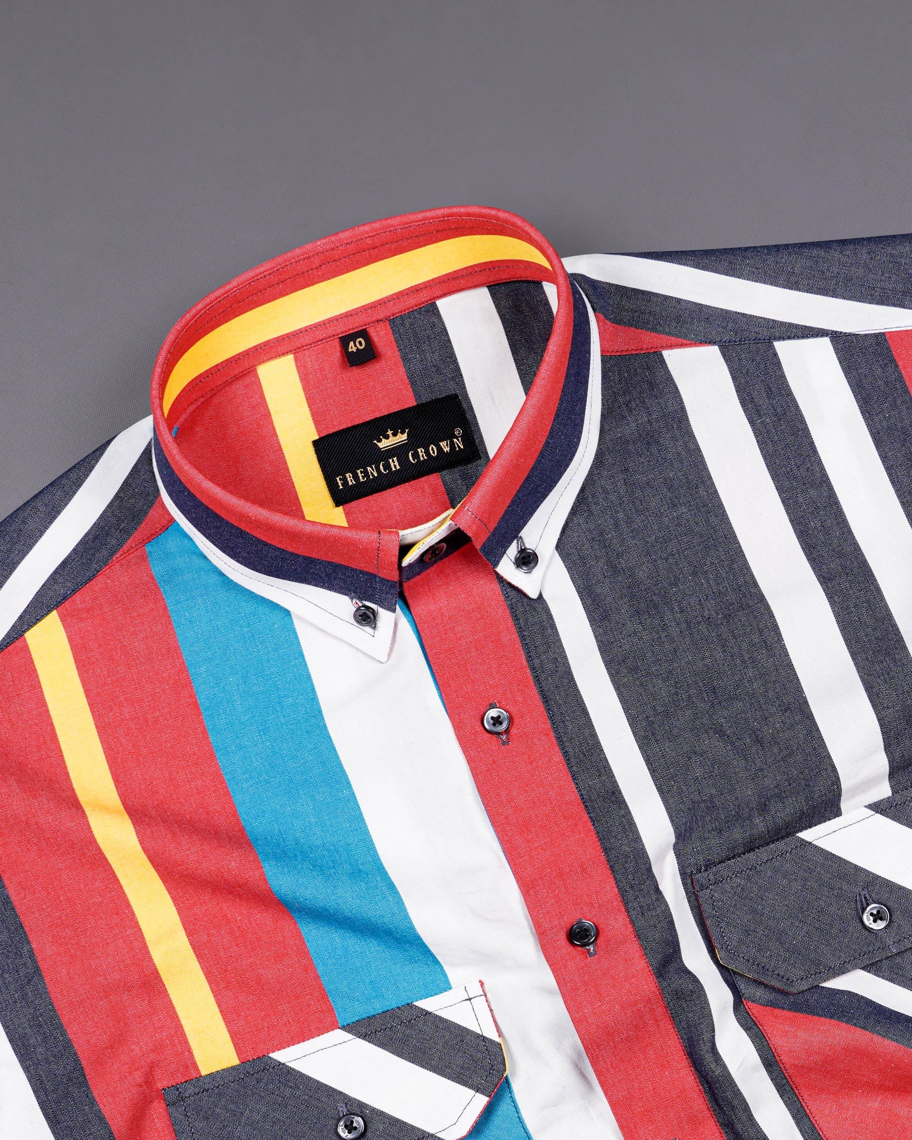 Bright White with Gun Powder Multicolour Striped Chambray Shirt