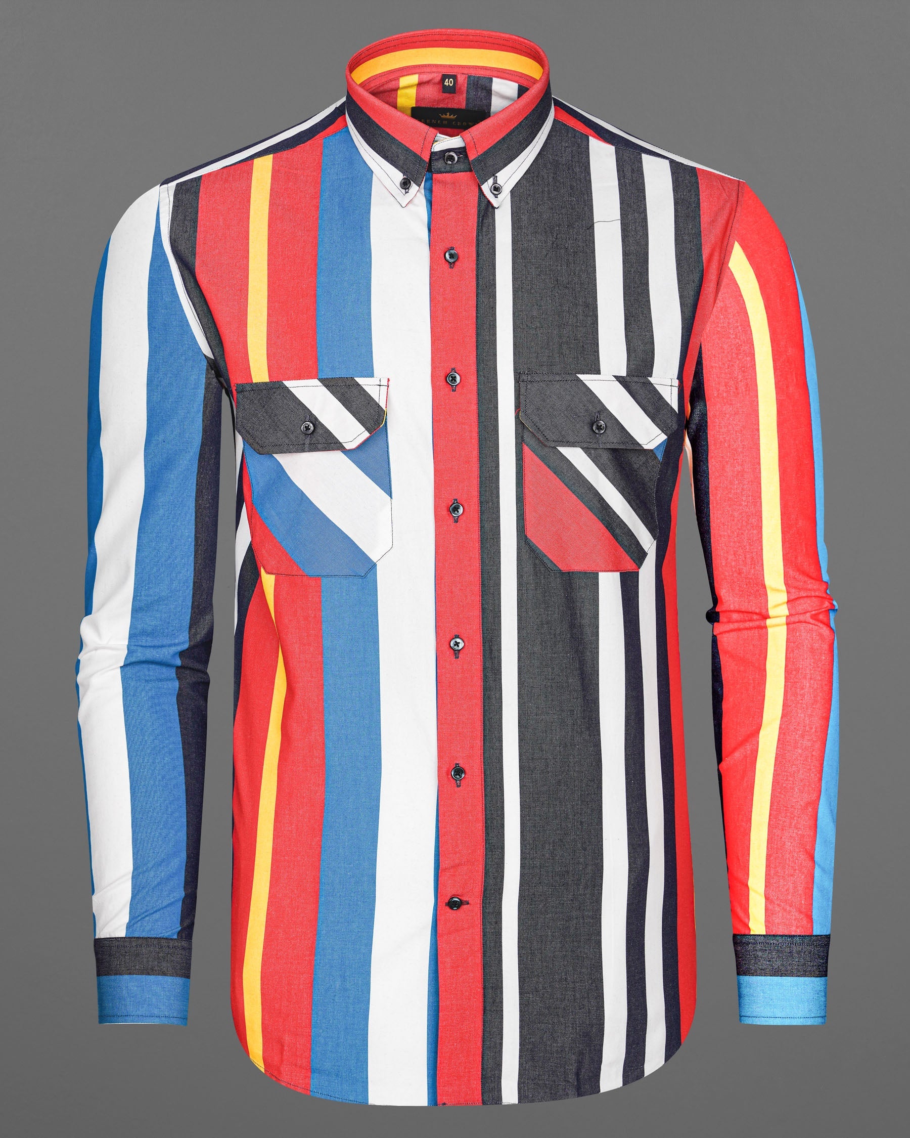 Bright White with Gun Powder Multicolour Striped Chambray Shirt