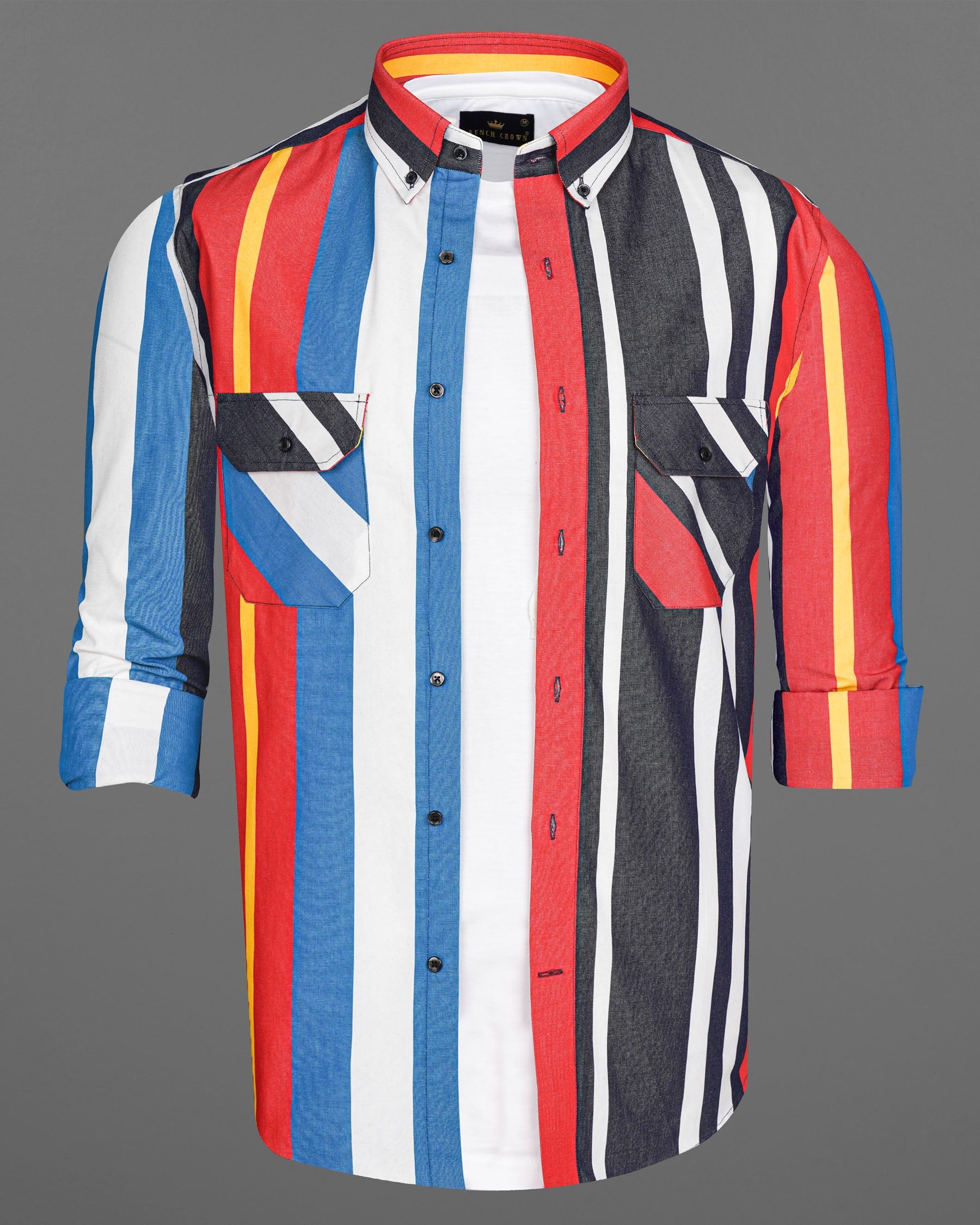 Bright White with Gun Powder Multicolour Striped Chambray Shirt