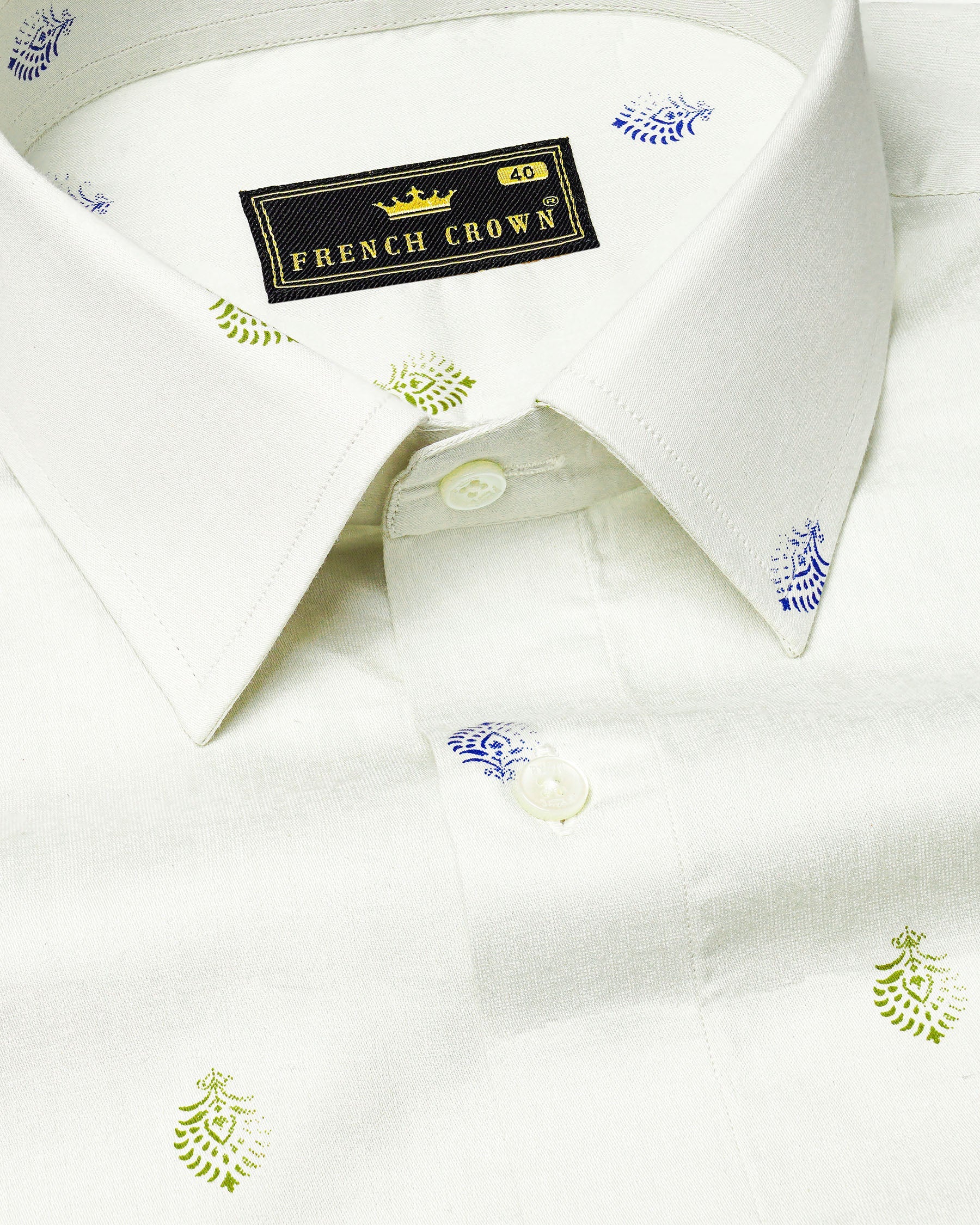 Bright White and Avocado Green Small Motifs Textured Super Soft Premium Cotton Shirt 7142-38,7142-H-38,7142-39,7142-H-39,7142-40,7142-H-40,7142-42,7142-H-42,7142-44,7142-H-44,7142-46,7142-H-46,7142-48,7142-H-48,7142-50,7142-H-50,7142-52,7142-H-52