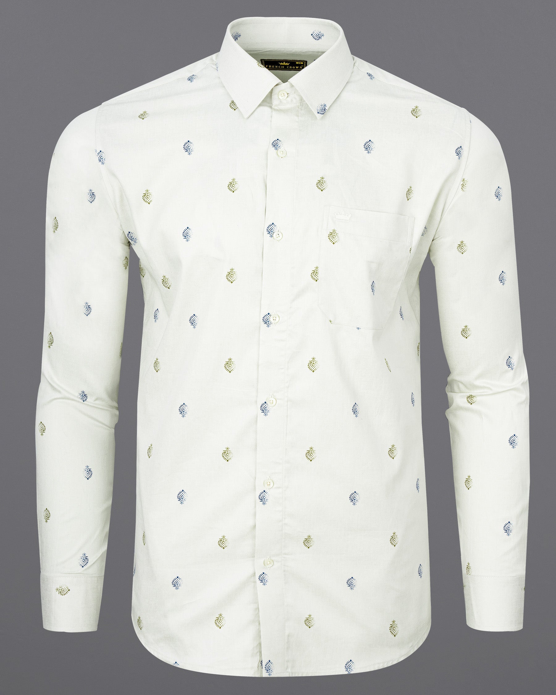 Bright White and Avocado Green Small Motifs Textured Super Soft Premium Cotton Shirt 7142-38,7142-H-38,7142-39,7142-H-39,7142-40,7142-H-40,7142-42,7142-H-42,7142-44,7142-H-44,7142-46,7142-H-46,7142-48,7142-H-48,7142-50,7142-H-50,7142-52,7142-H-52