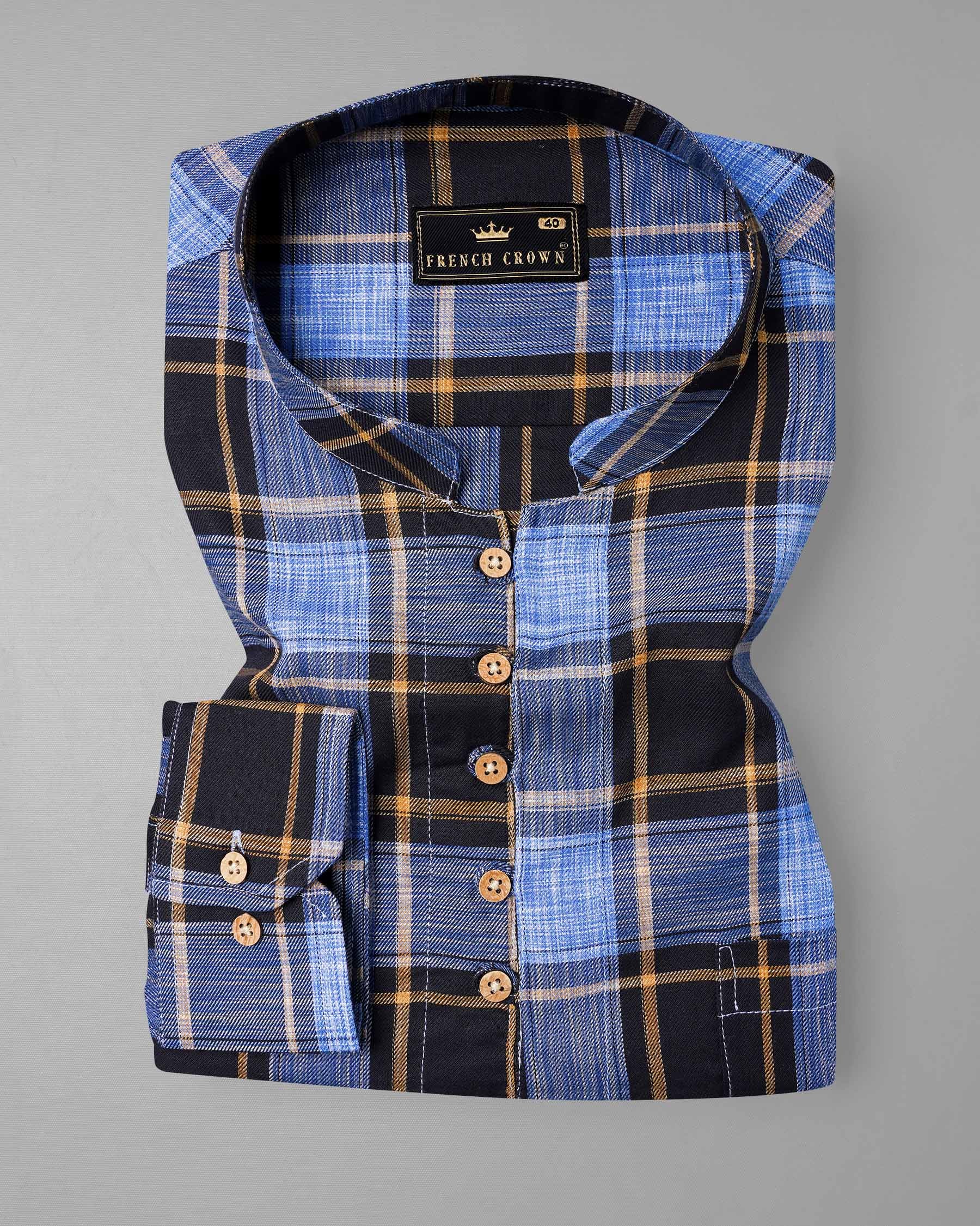 Portage Blue and Jade Black Twill Plaid Premium Cotton Kurta Shirt