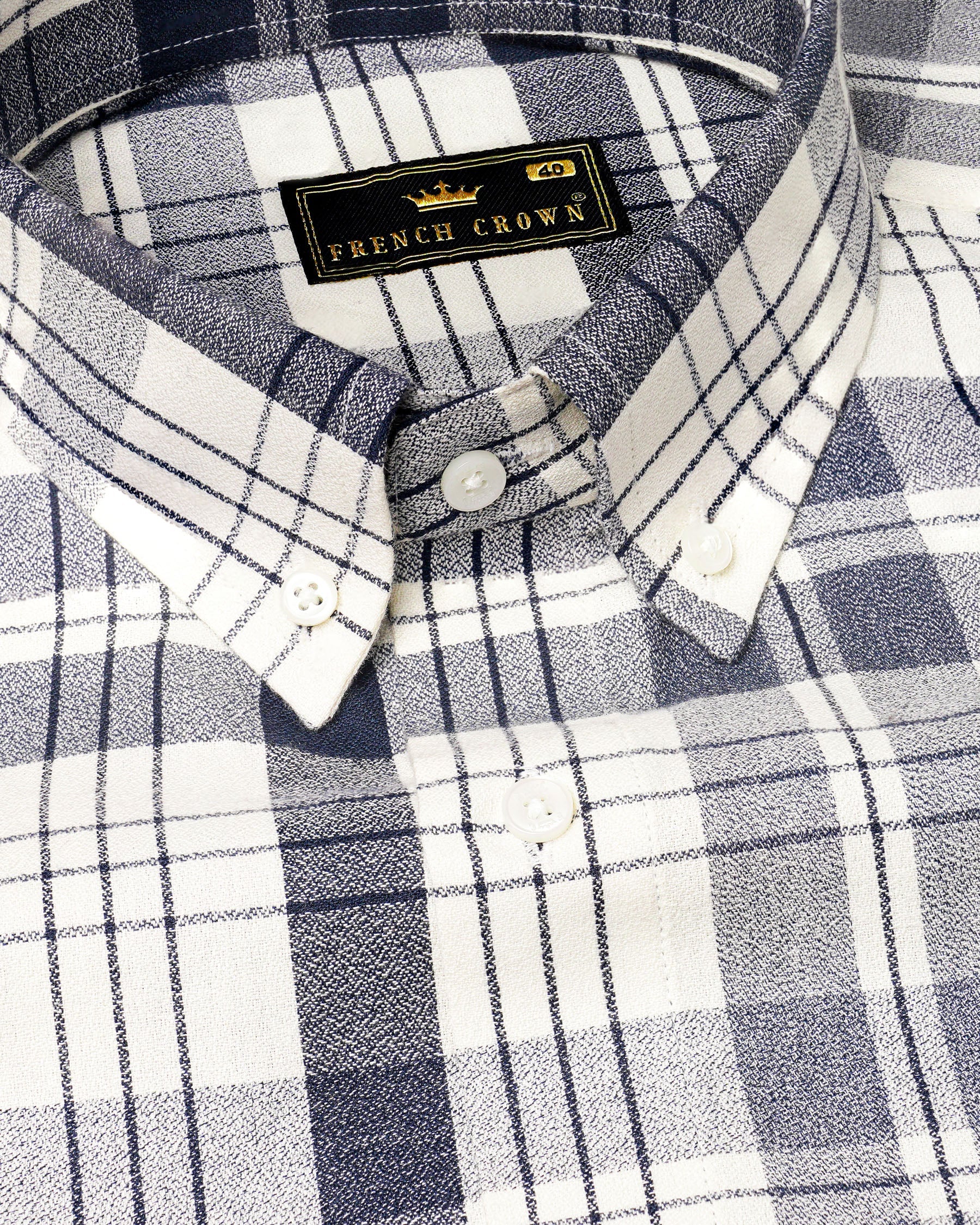 Off White and Haiti Blue Twill Plaid Premium Cotton Shirt