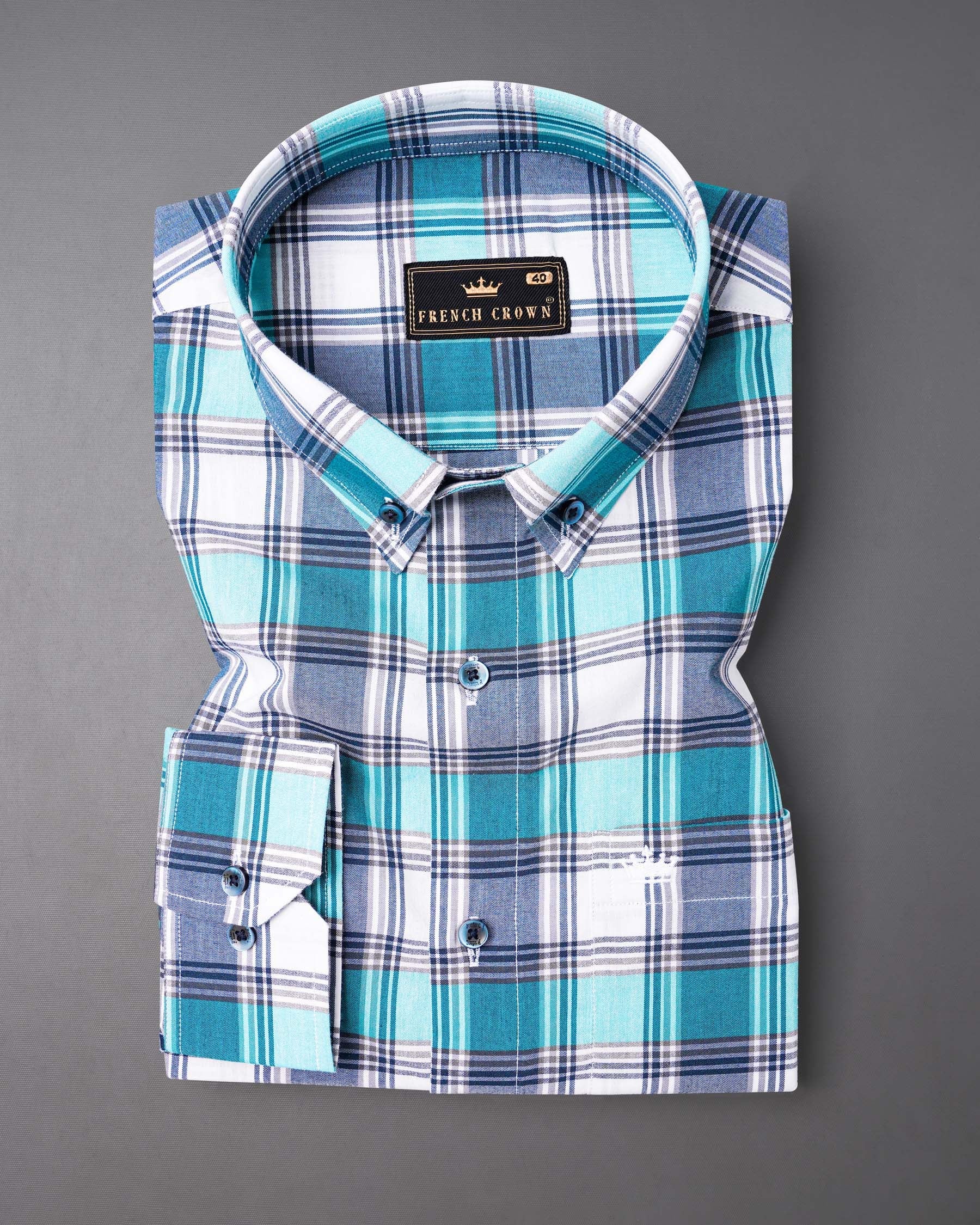 Bright White with Orient and Cloud Burst Blue Plaid Premium Cotton Shirt