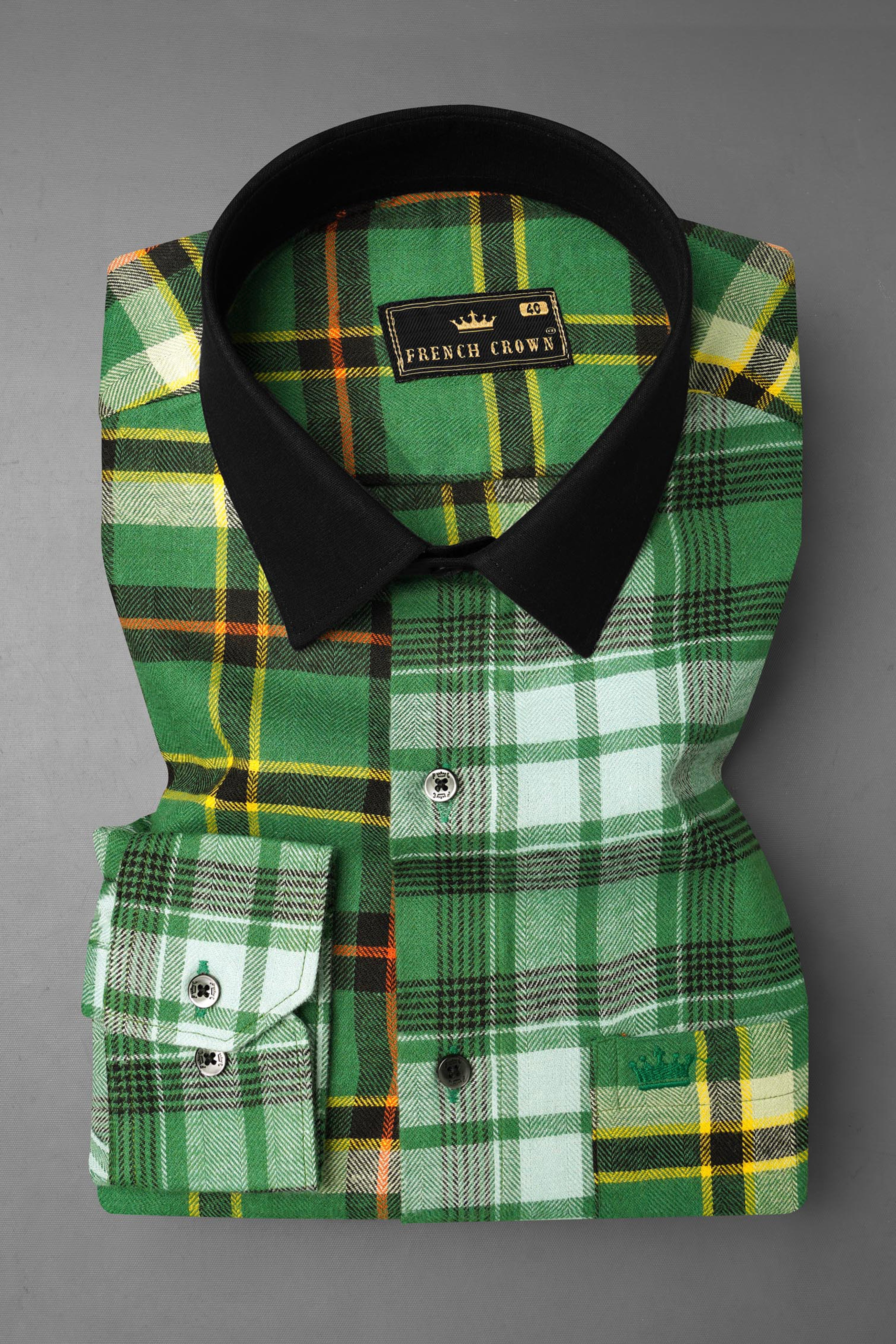 Eucalyptus Green Multicolor Plaid with Black Collar Designer Shirt