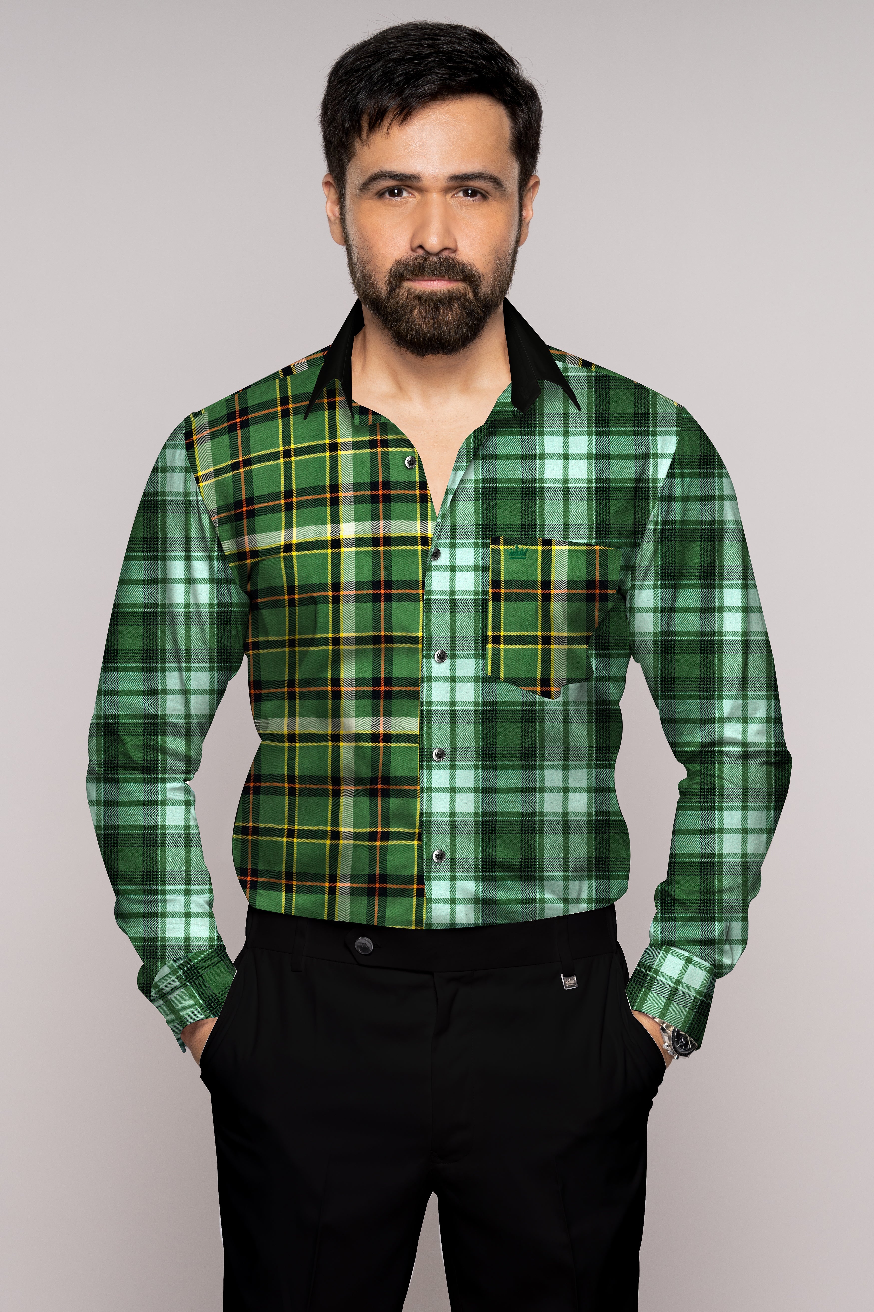 Eucalyptus Green Multicolor Plaid with Black Collar Designer Shirt