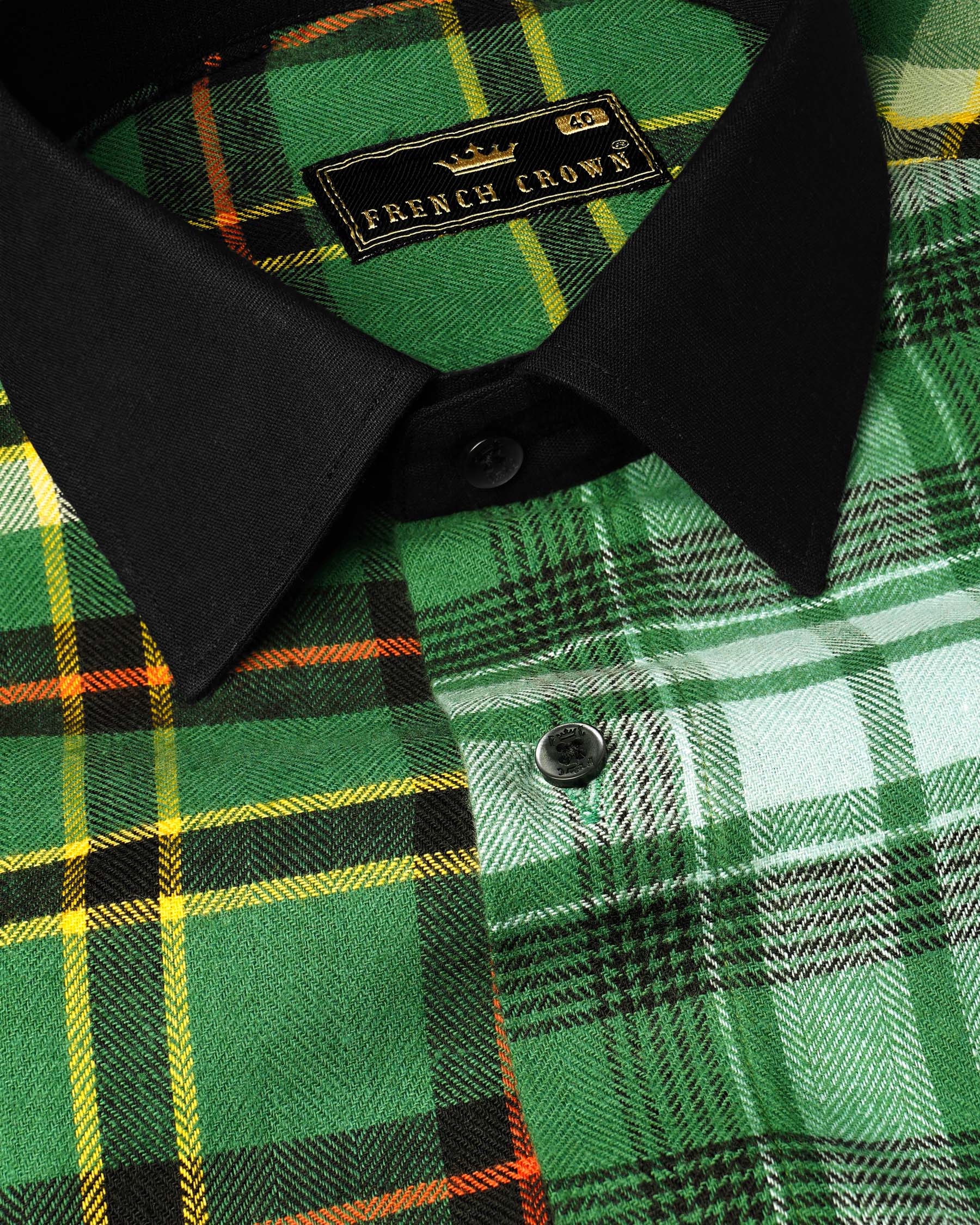 Eucalyptus Green Multicolor Plaid with Black Collar Designer Shirt