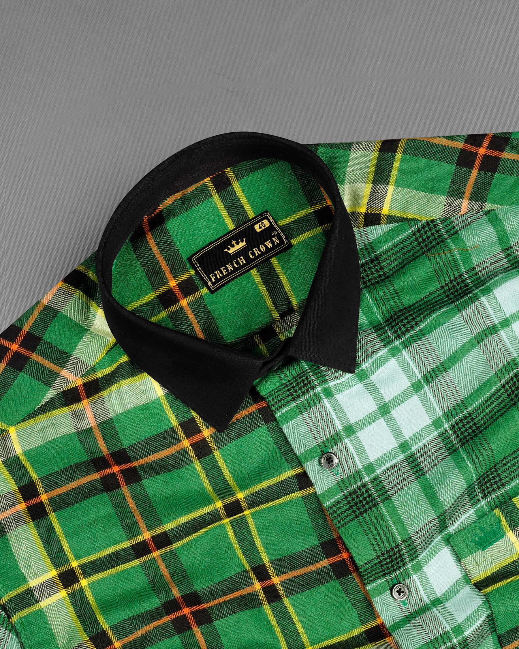 Eucalyptus Green Multicolor Plaid with Black Collar Designer Shirt