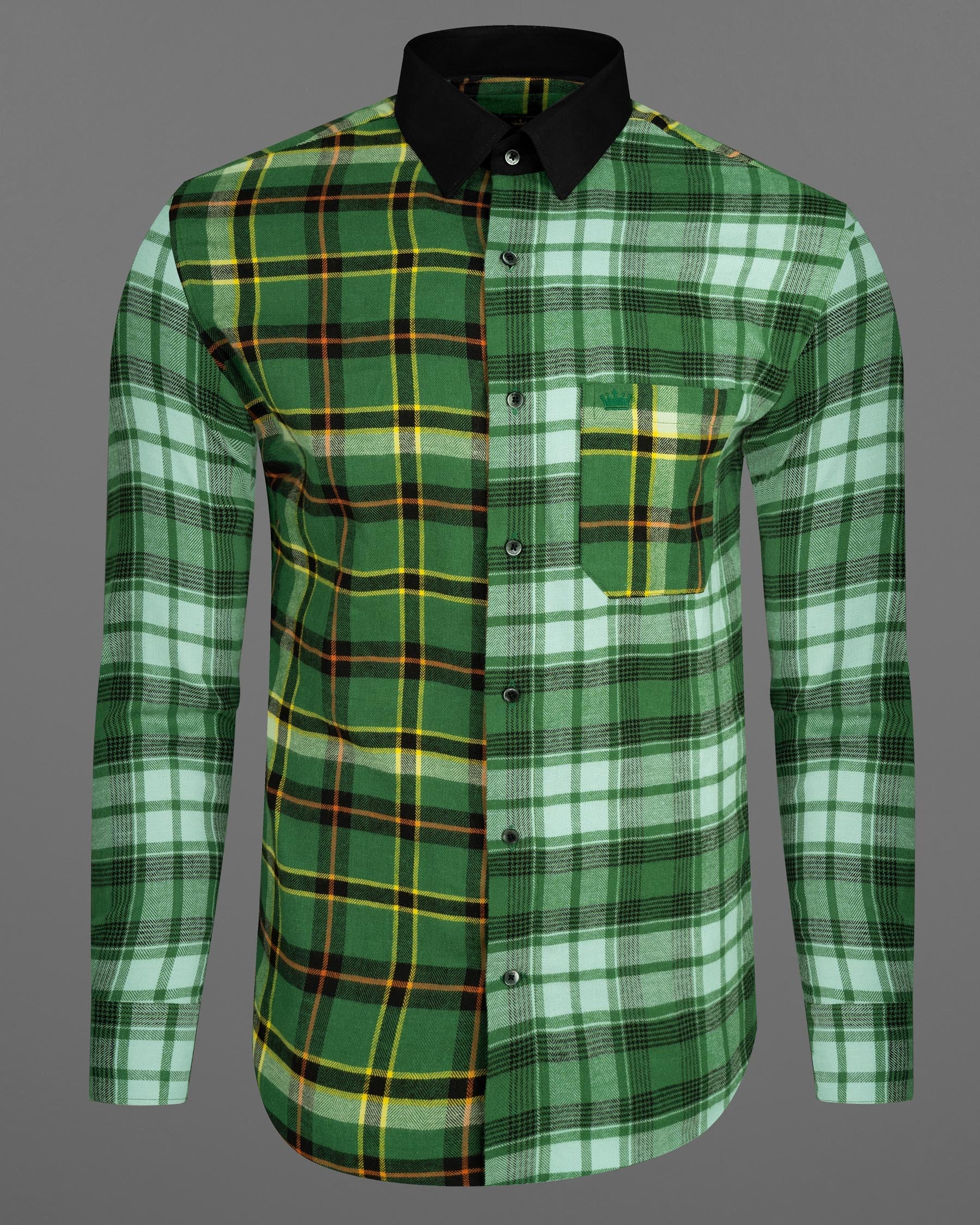 Eucalyptus Green Multicolor Plaid with Black Collar Designer Shirt