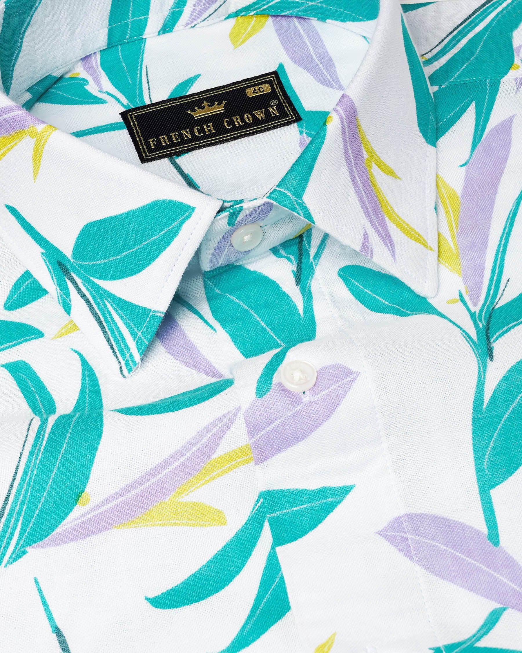 Bright White Multicolor Leaves Printed Premium Cotton Shirt