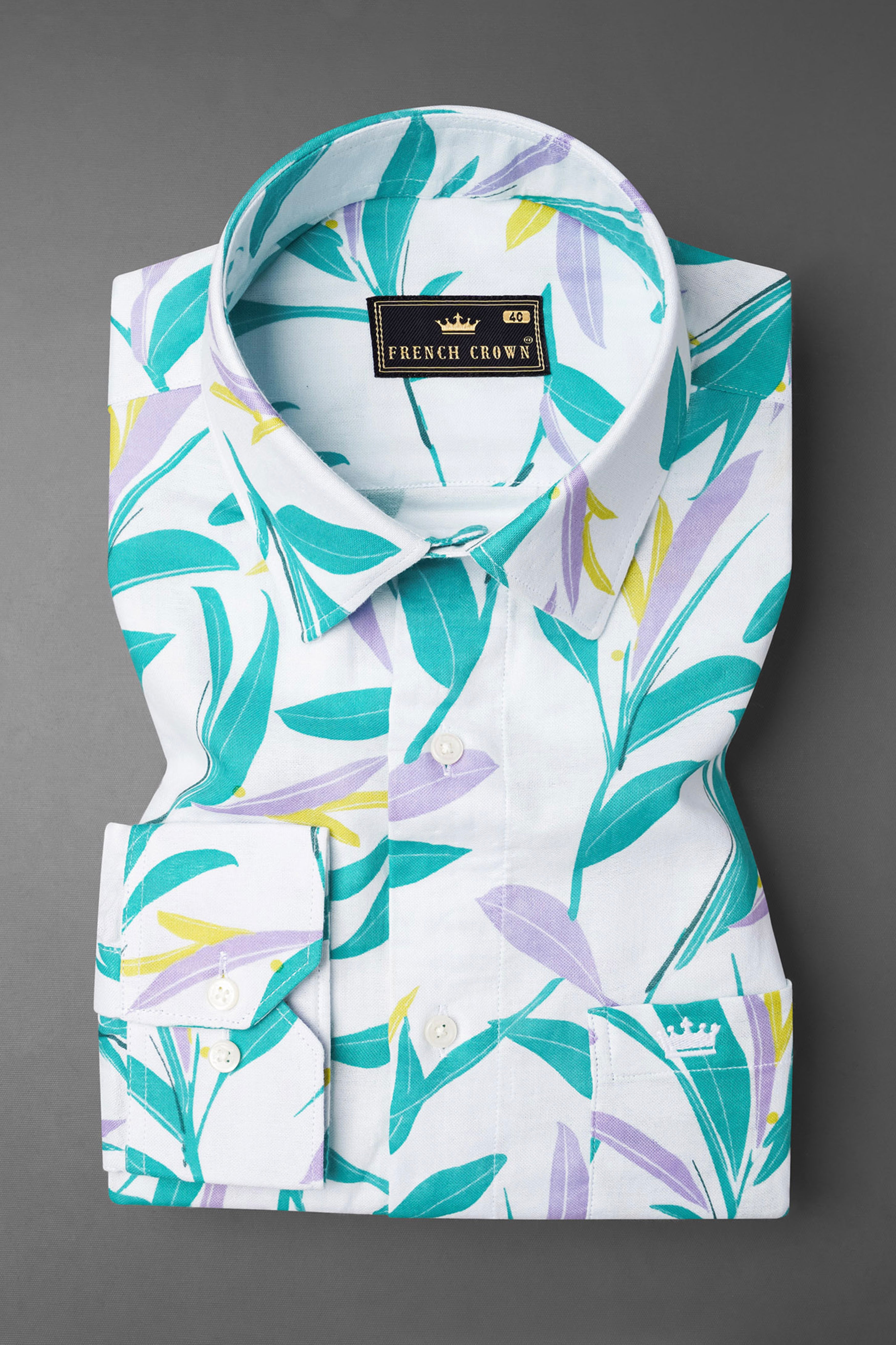 Bright White Multicolor Leaves Printed Premium Cotton Shirt