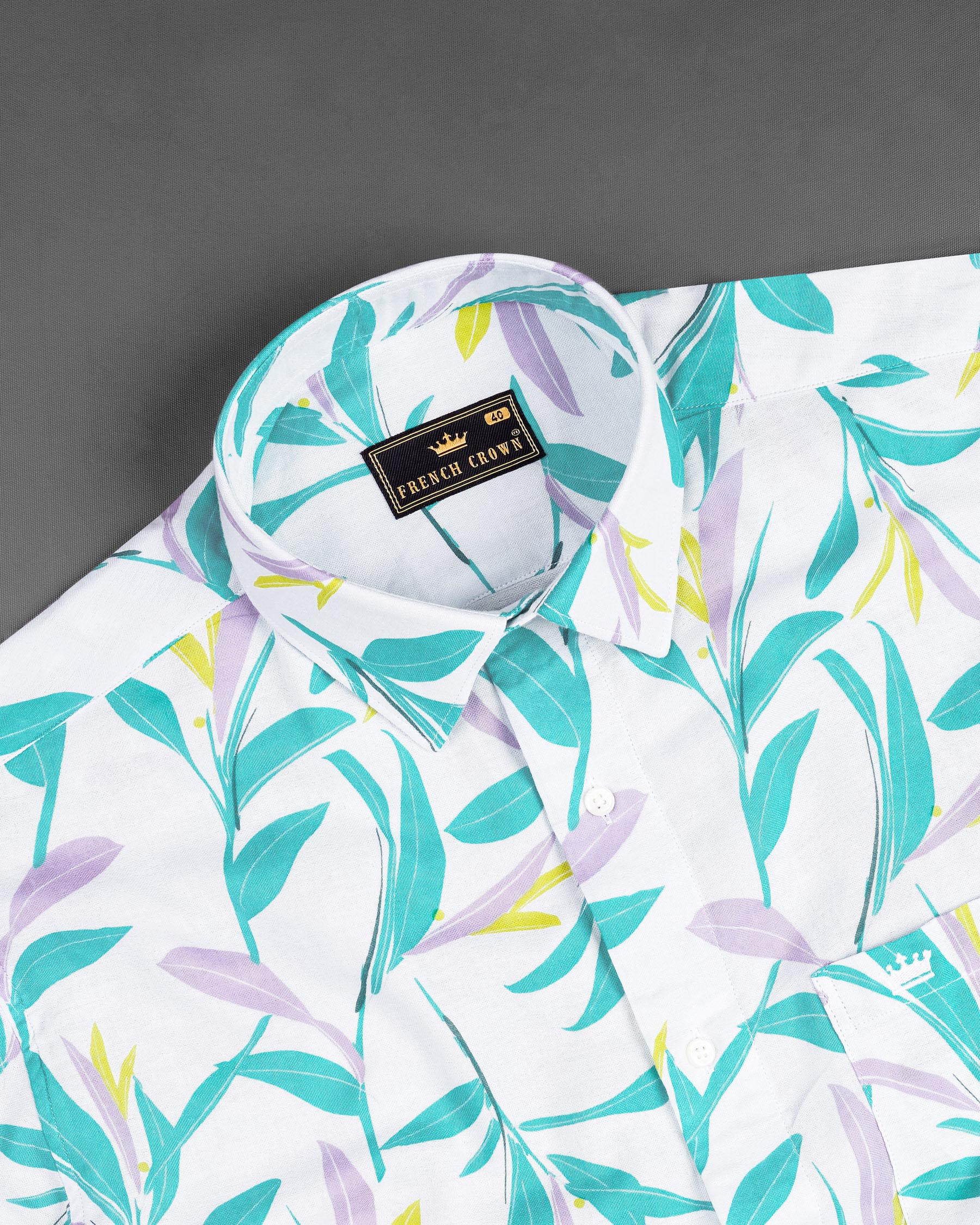 Bright White Multicolor Leaves Printed Premium Cotton Shirt