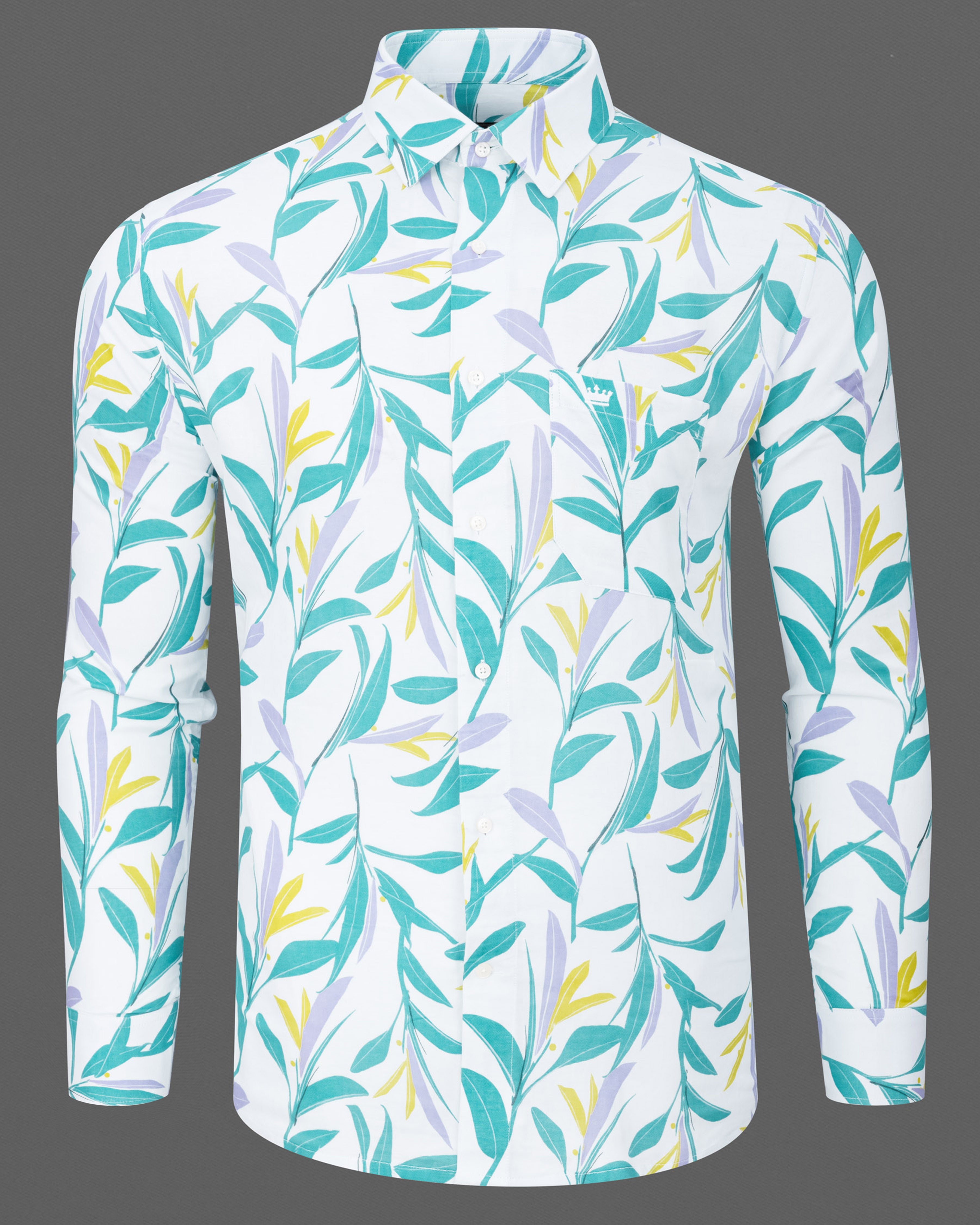 Bright White Multicolor Leaves Printed Premium Cotton Shirt