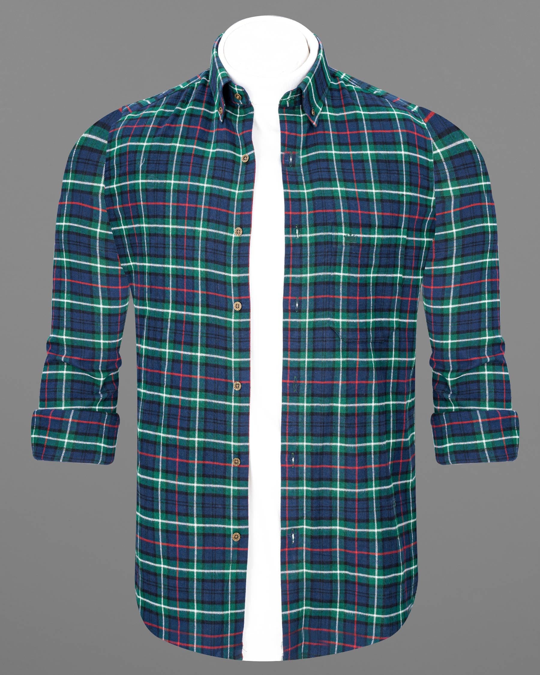 Cloud Burst Blue with Dartmouth Green Plaid Flannel Shirt