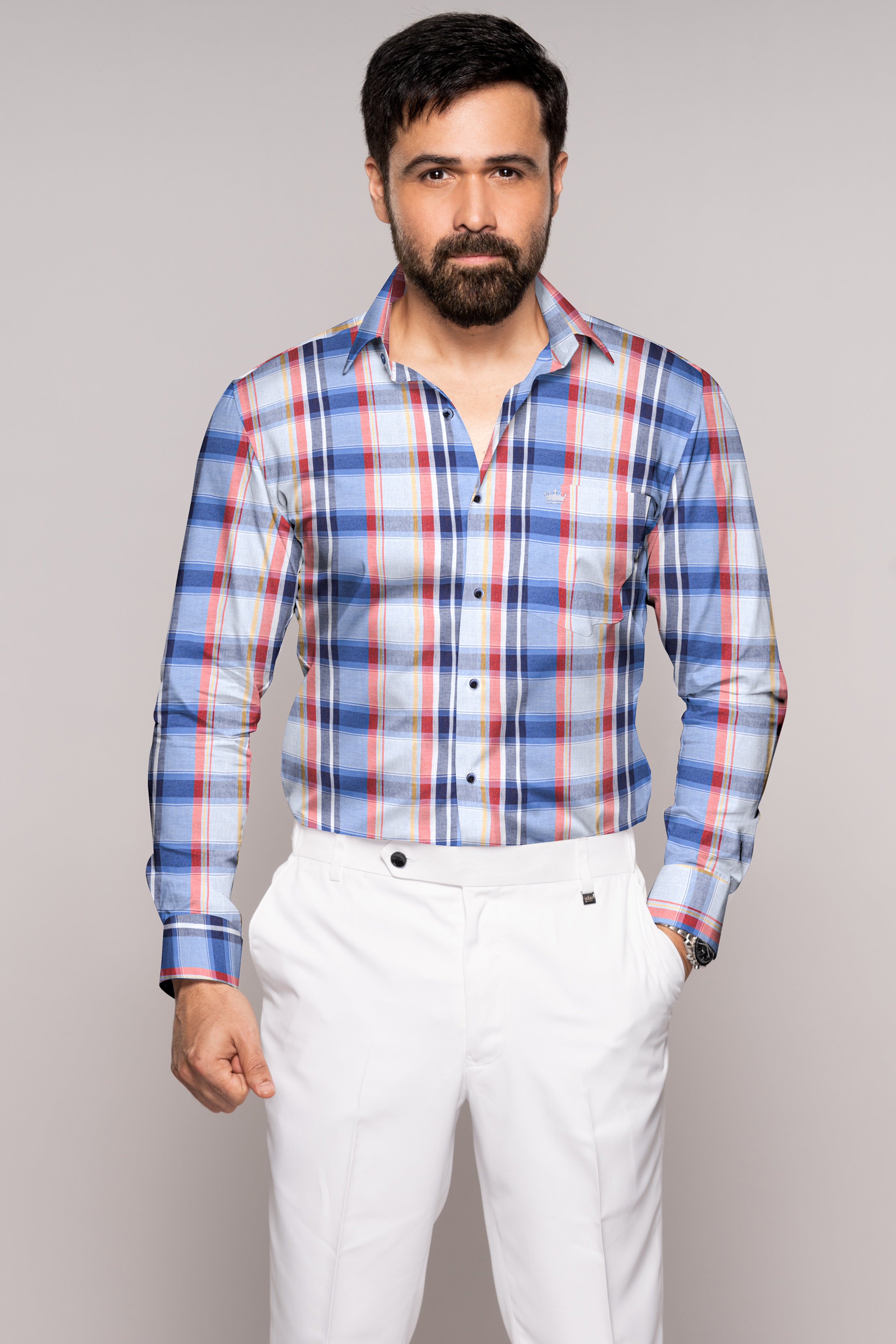 Venus Gray and Moonstone Blue Multicolor Plaid Premium Cotton Shirt