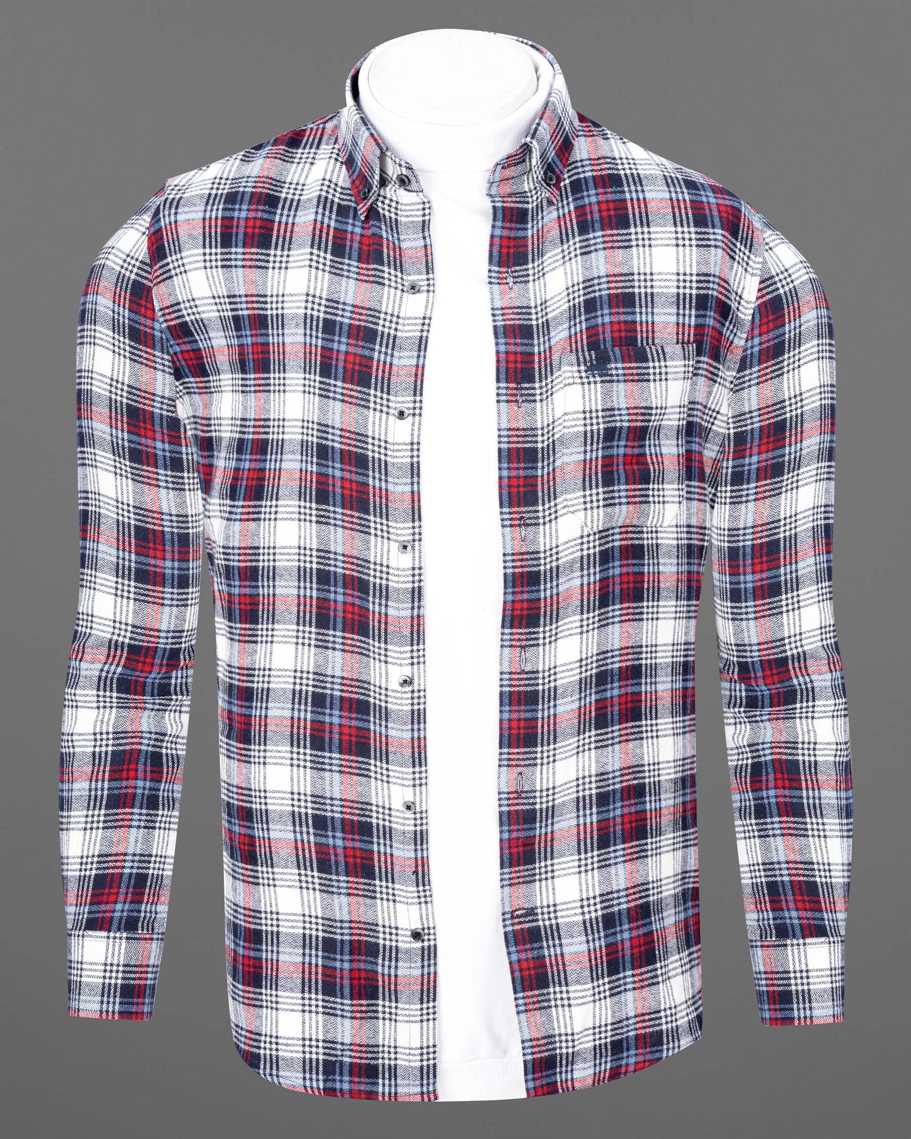 Bright White with Jagger Blue and Cardinal Red Plaid Flannel Shirt