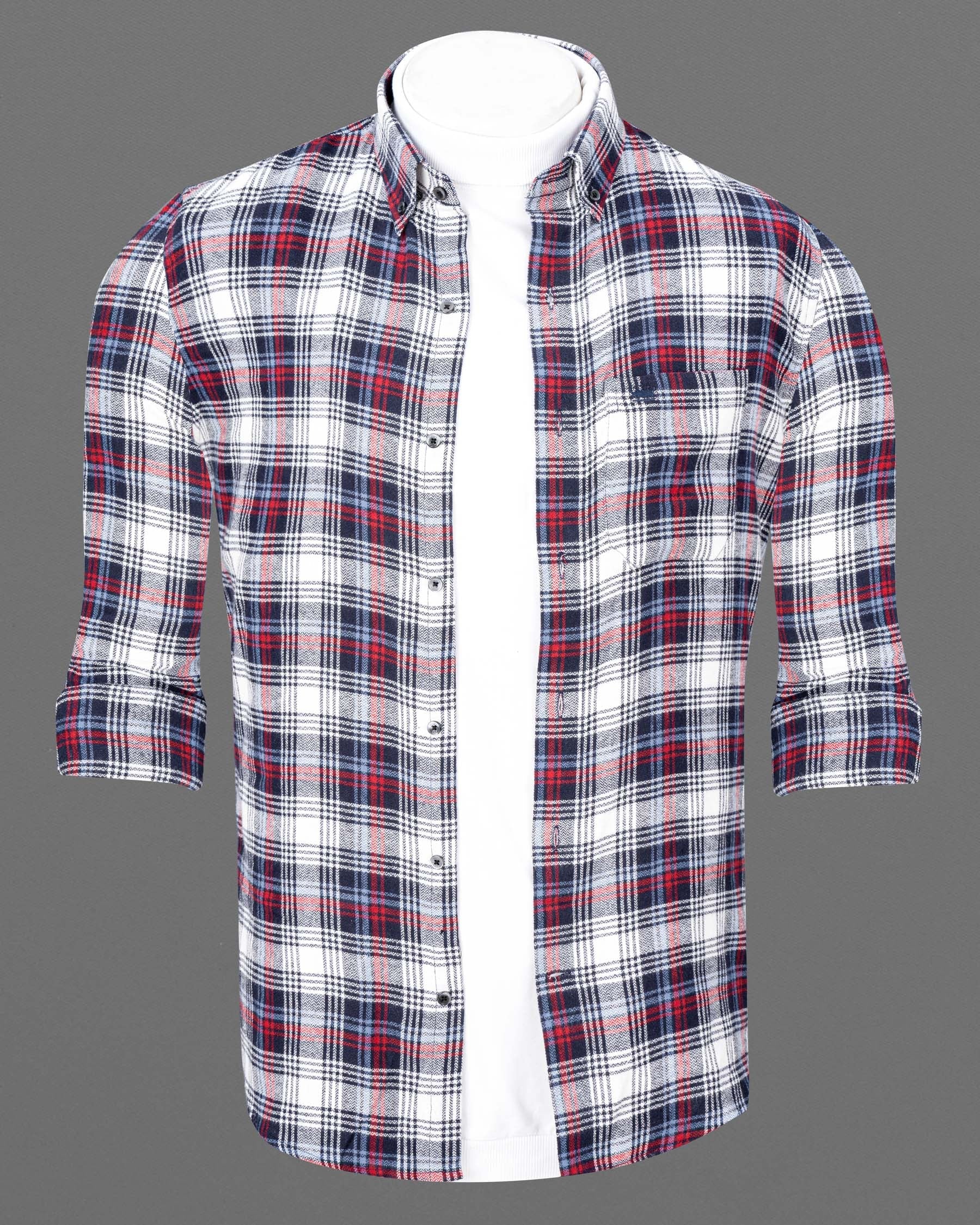 Bright White with Jagger Blue and Cardinal Red Plaid Flannel Shirt