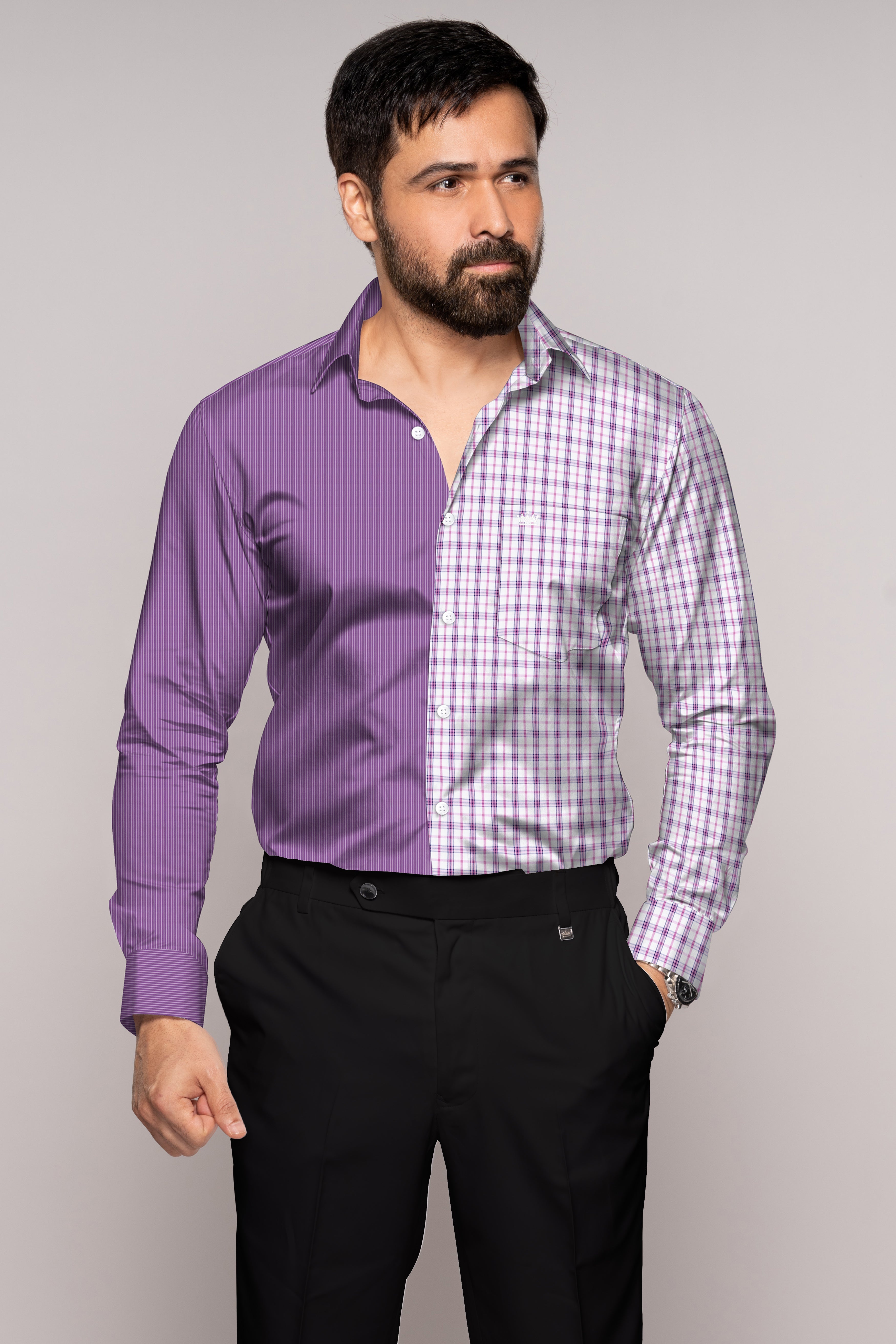 Half Checkered Half Striped Premium Cotton Designer Shirt