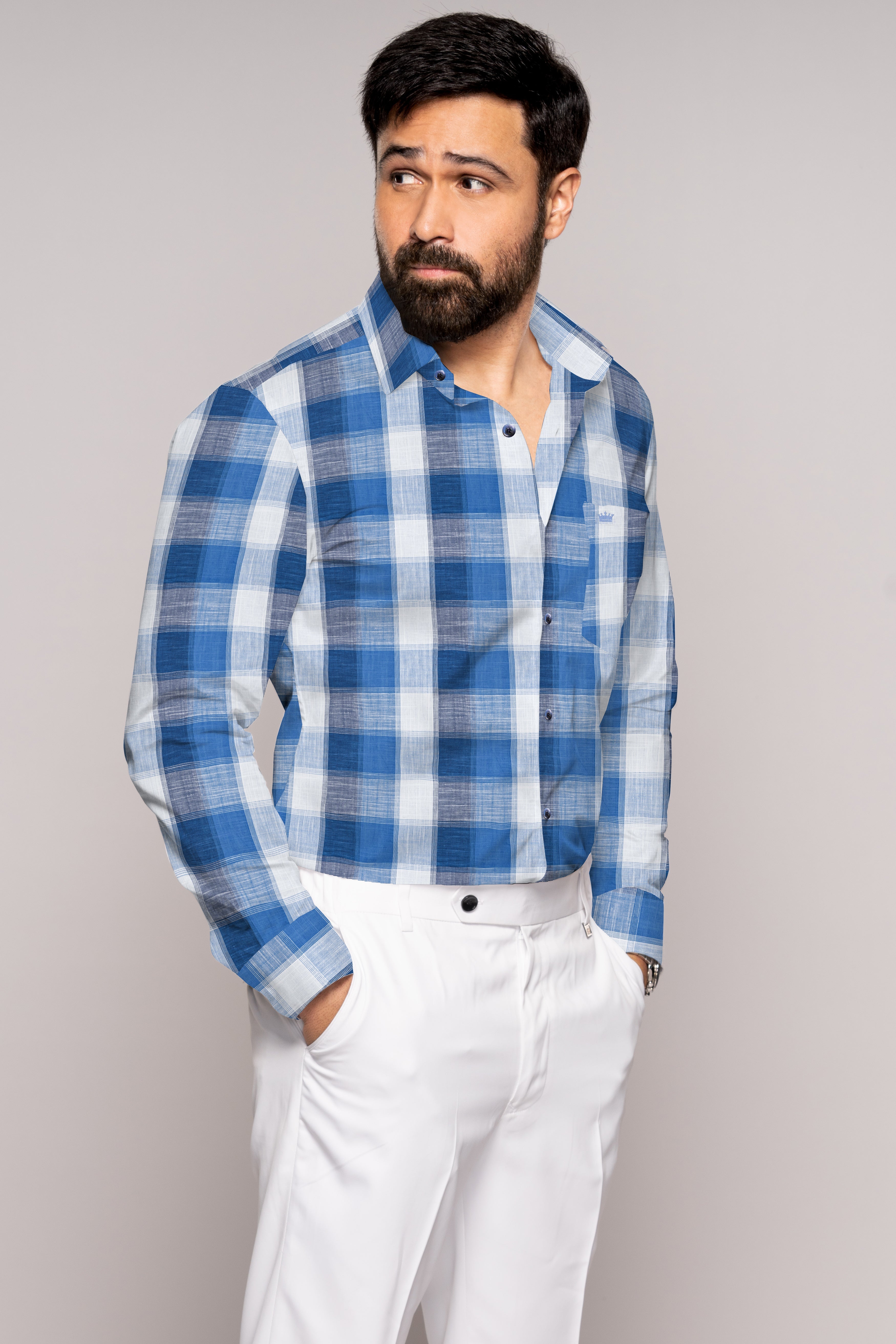 San Marino Blue and White Plaid Chambray Shirt