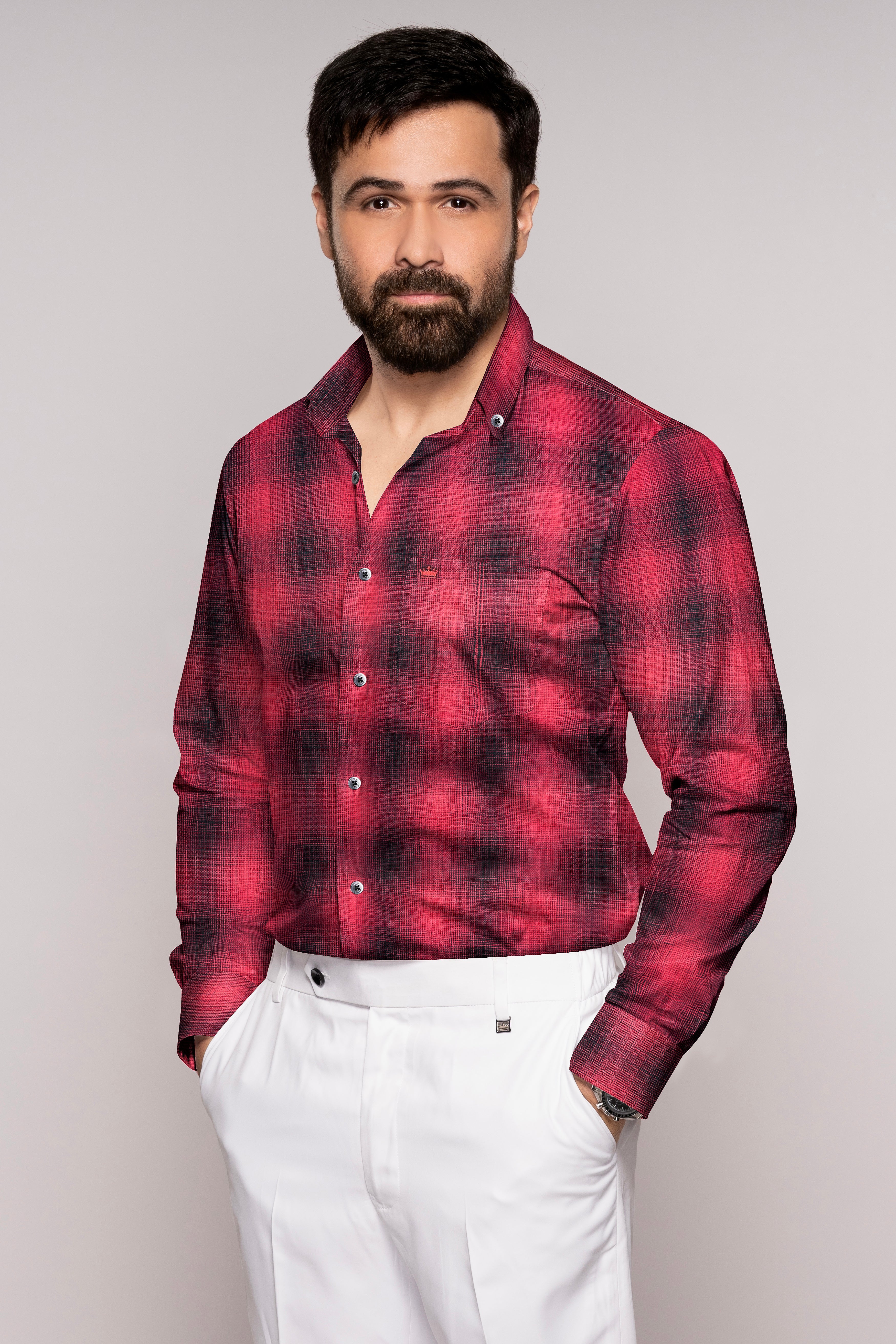 Pale Carmine Red and Jade Black Plaid Dobby Textured Premium Giza Cotton Shirt