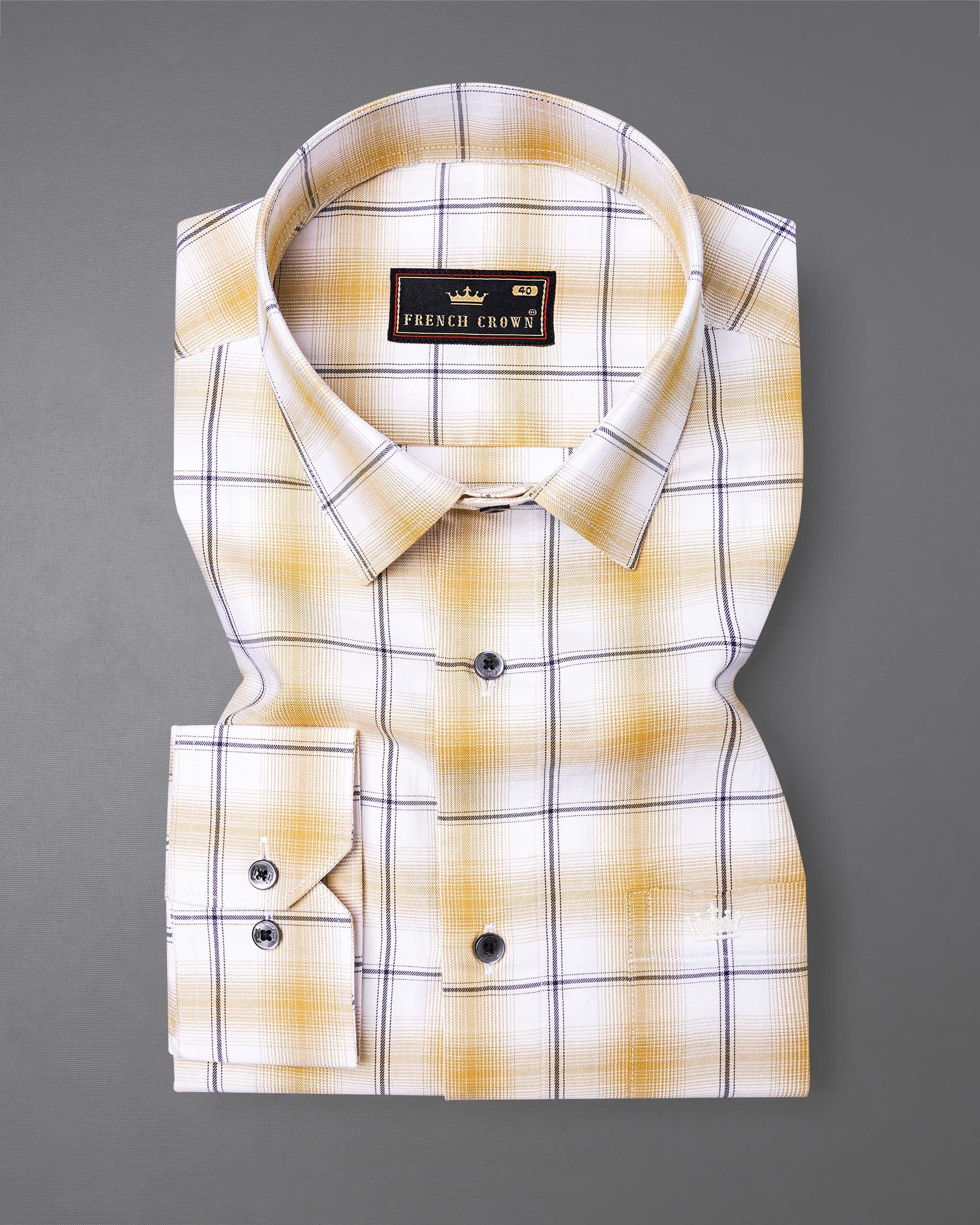 Desert Brown and White Twill Windowpane Premium Cotton Shirt