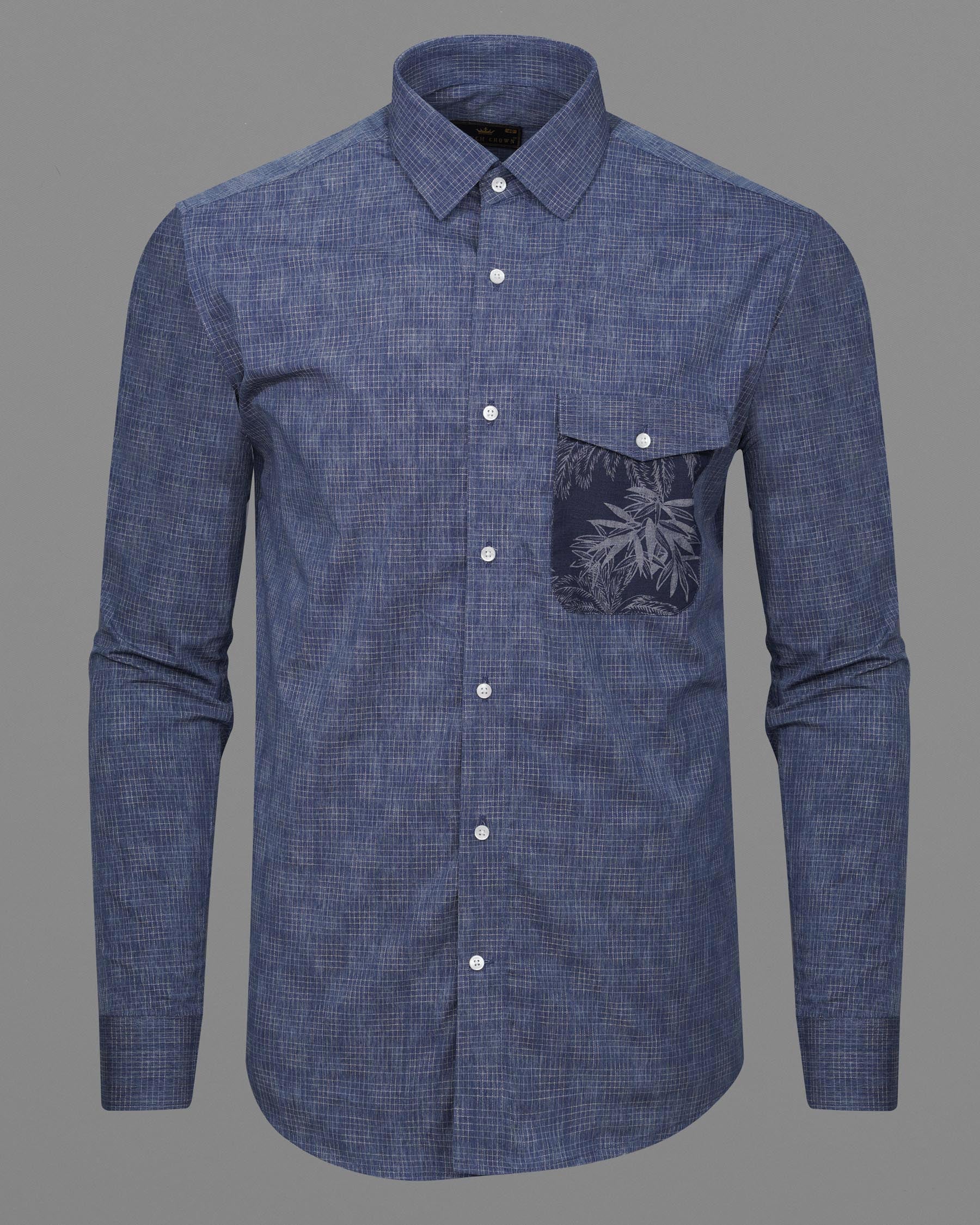 Denim Blue and Gunmetal Blue Checkered and Leaves Textured Chambray Designer Shirt 7520-38, 7520-H-38, 7520-39, 7520-H-39, 7520-40, 7520-H-40, 7520-42, 7520-H-42, 7520-44, 7520-H-44, 7520-46, 7520-H-46, 7520-48, 7520-H-48, 7520-50, 7520-H-50, 7520-52, 7520-H-52