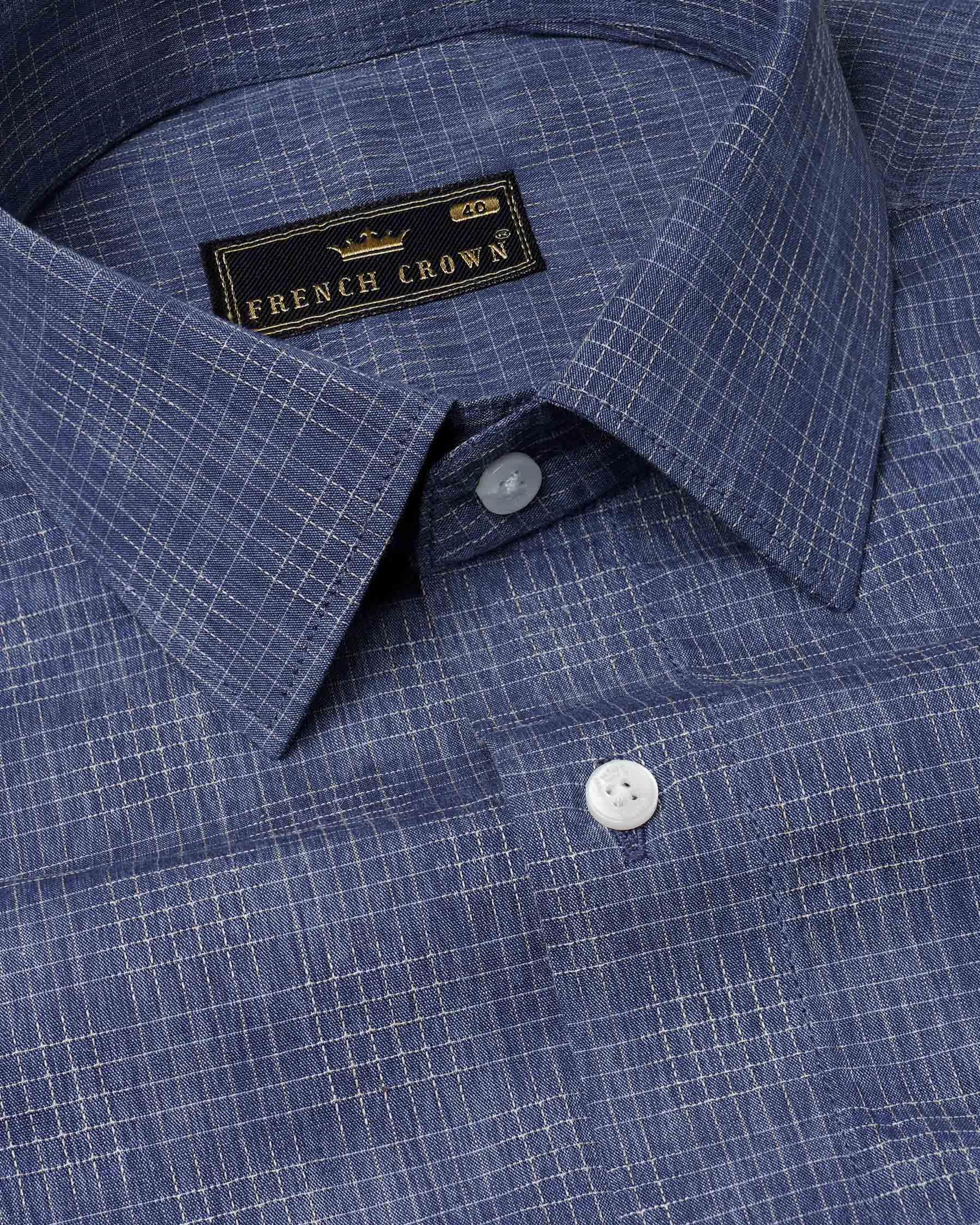 Denim Blue and Gunmetal Blue Checkered and Leaves Textured Chambray Designer Shirt 7520-38, 7520-H-38, 7520-39, 7520-H-39, 7520-40, 7520-H-40, 7520-42, 7520-H-42, 7520-44, 7520-H-44, 7520-46, 7520-H-46, 7520-48, 7520-H-48, 7520-50, 7520-H-50, 7520-52, 7520-H-52