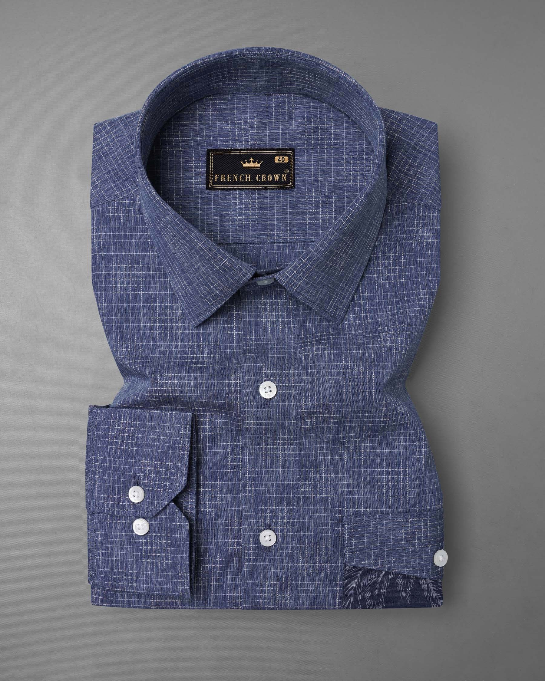 Denim Blue and Gunmetal Blue Checkered and Leaves Textured Chambray Designer Shirt 7520-38, 7520-H-38, 7520-39, 7520-H-39, 7520-40, 7520-H-40, 7520-42, 7520-H-42, 7520-44, 7520-H-44, 7520-46, 7520-H-46, 7520-48, 7520-H-48, 7520-50, 7520-H-50, 7520-52, 7520-H-52