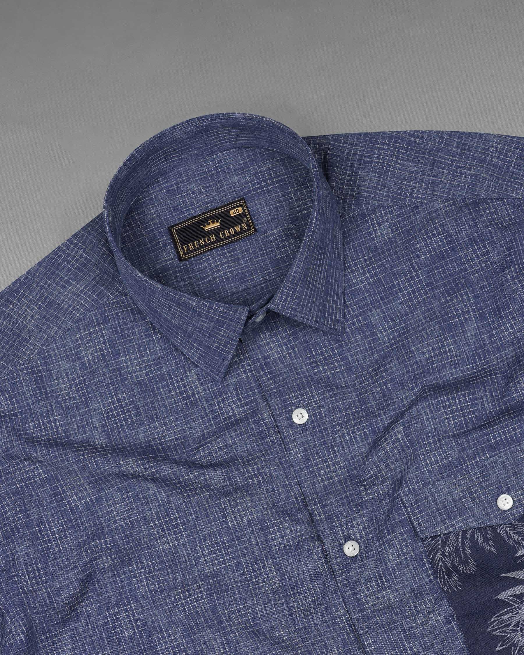 Denim Blue and Gunmetal Blue Checkered and Leaves Textured Chambray Designer Shirt 7520-38, 7520-H-38, 7520-39, 7520-H-39, 7520-40, 7520-H-40, 7520-42, 7520-H-42, 7520-44, 7520-H-44, 7520-46, 7520-H-46, 7520-48, 7520-H-48, 7520-50, 7520-H-50, 7520-52, 7520-H-52