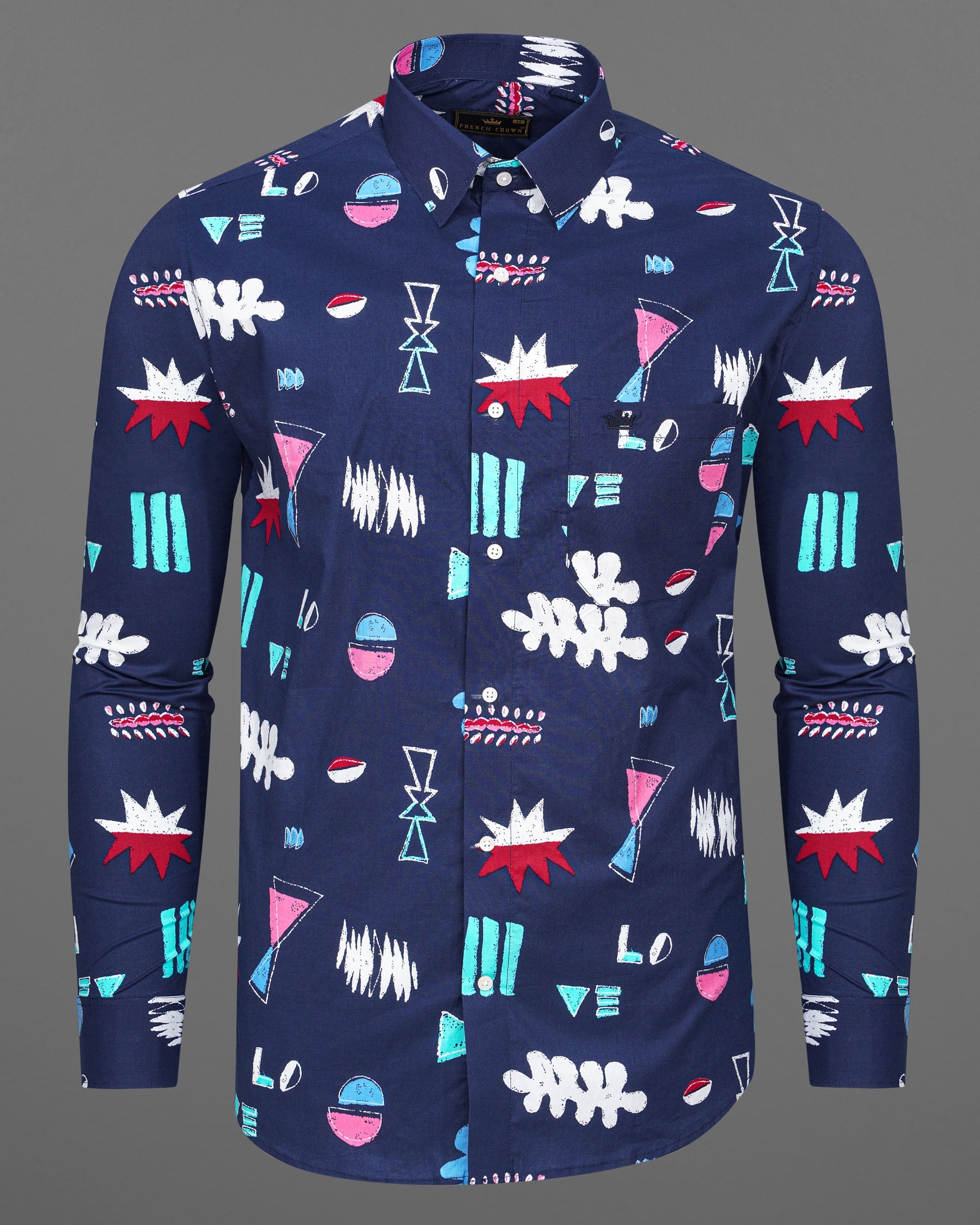 Fiord Blue with Multicolor Printed Premium Cotton Shirt