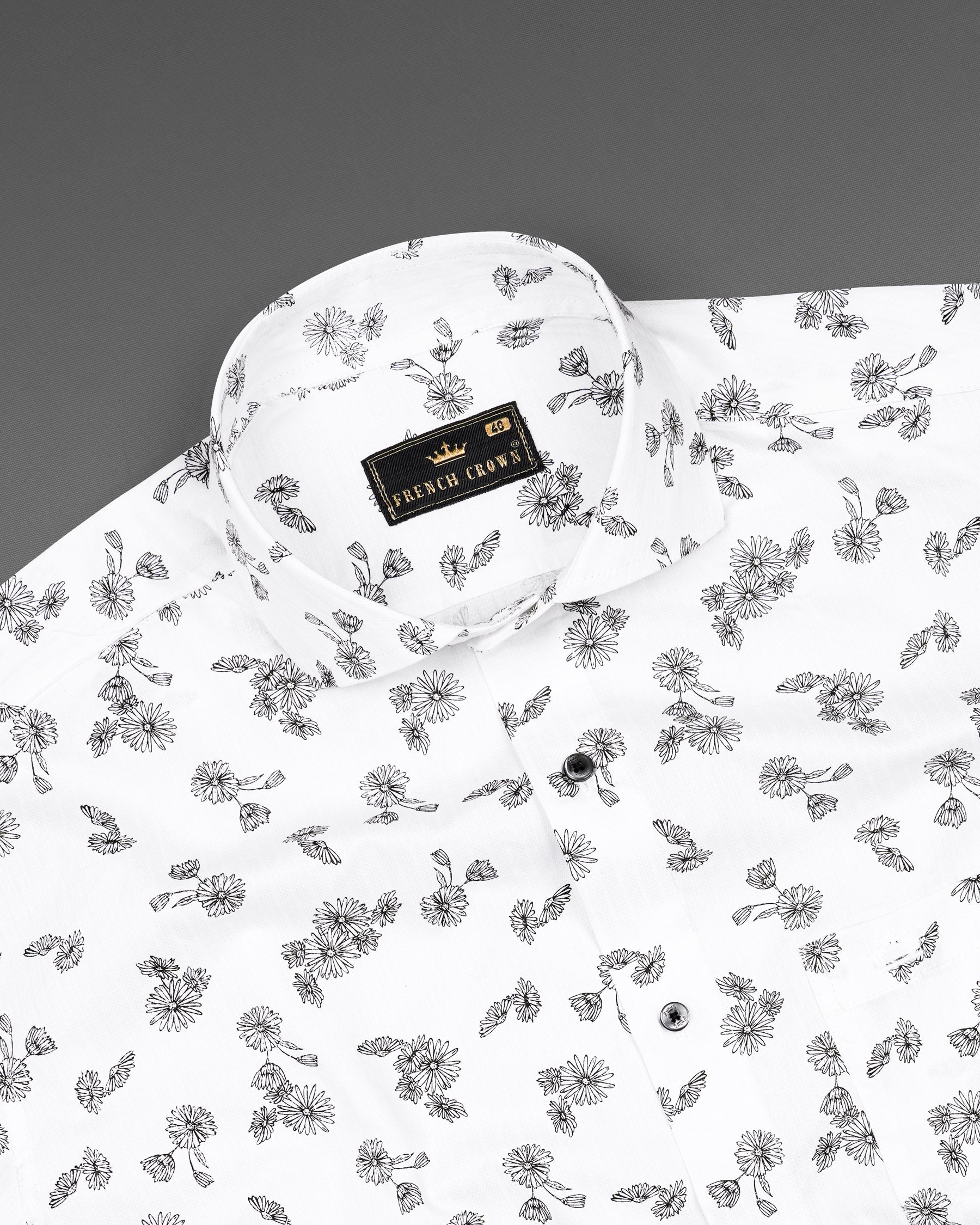 Bright White with Black Floral Dobby Textured Premium Giza Cotton Shirt