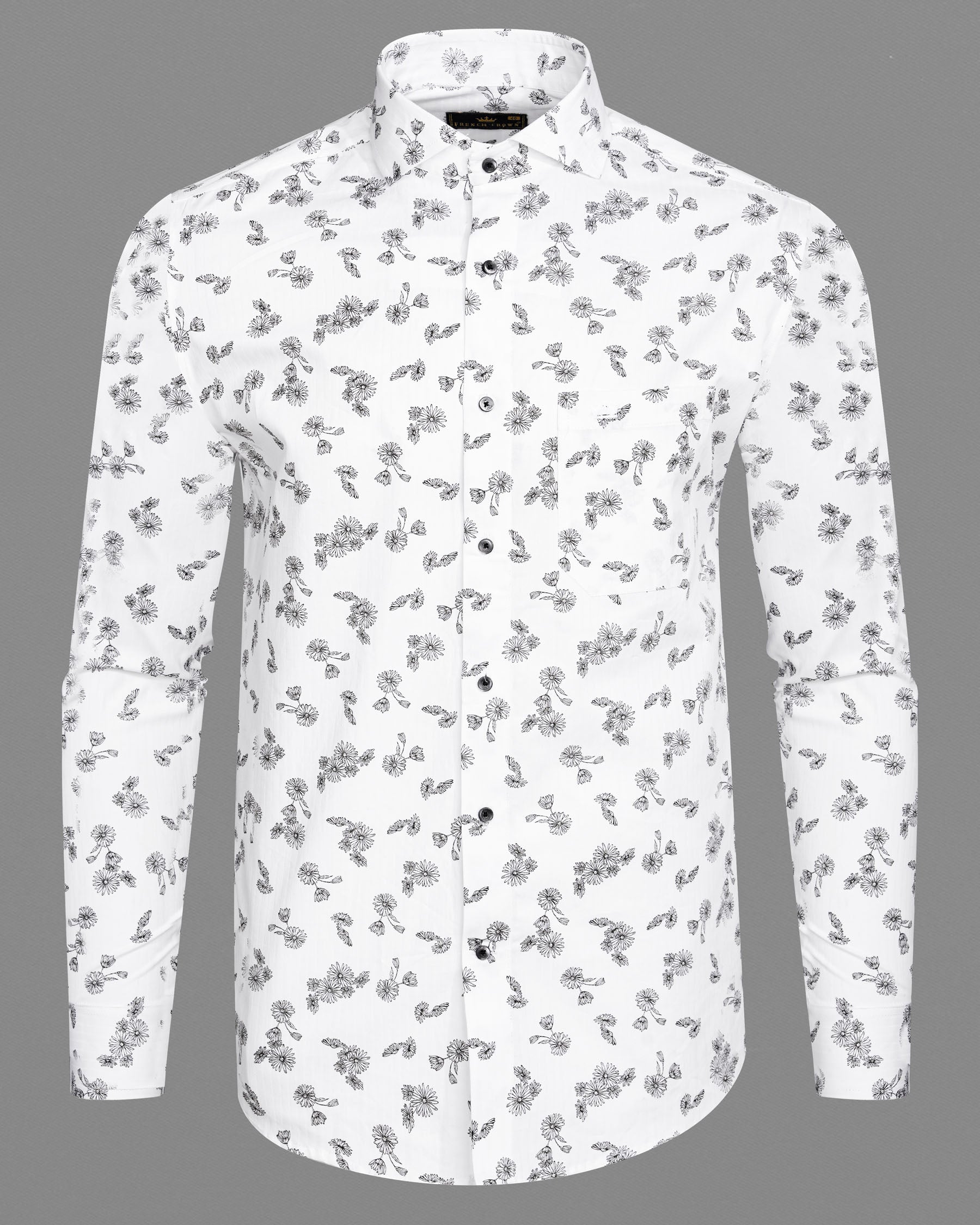 Bright White with Black Floral Dobby Textured Premium Giza Cotton Shirt