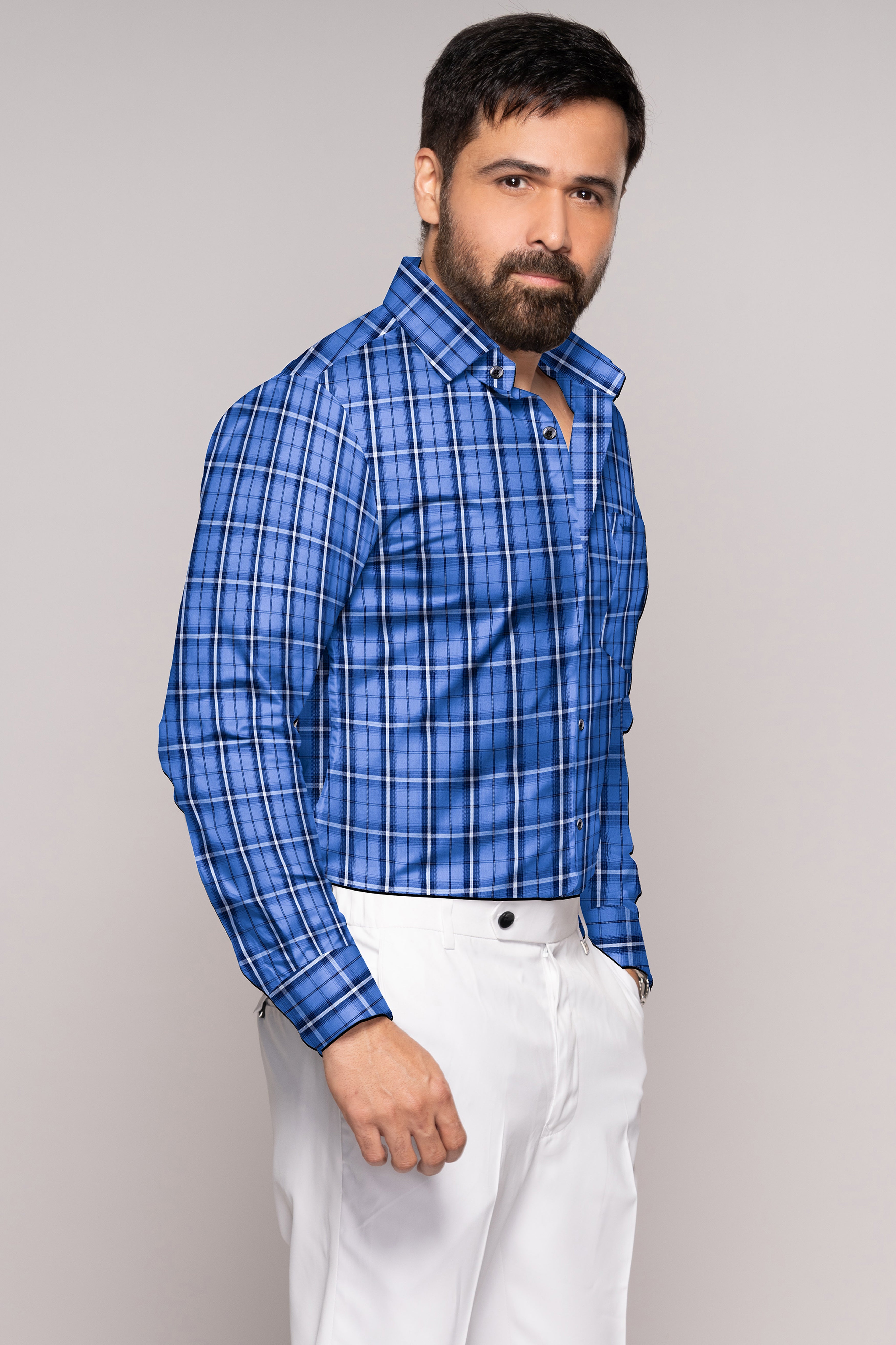 Indigo Blue Plaid Twill Premium Cotton Shirt