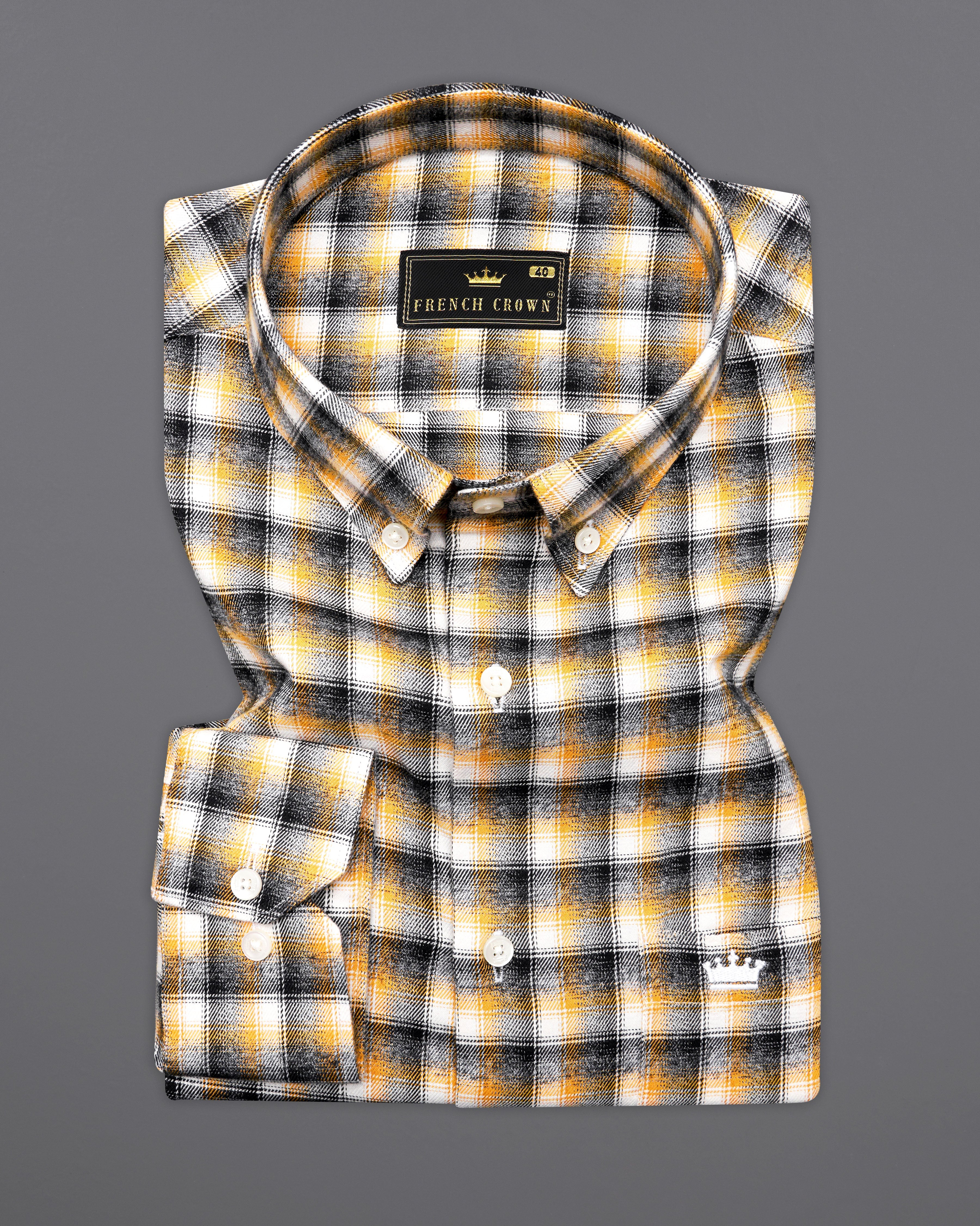 Mirage Black with Mikado Yellow Checkered Printed Twill Premium Cotton Designer Shirt