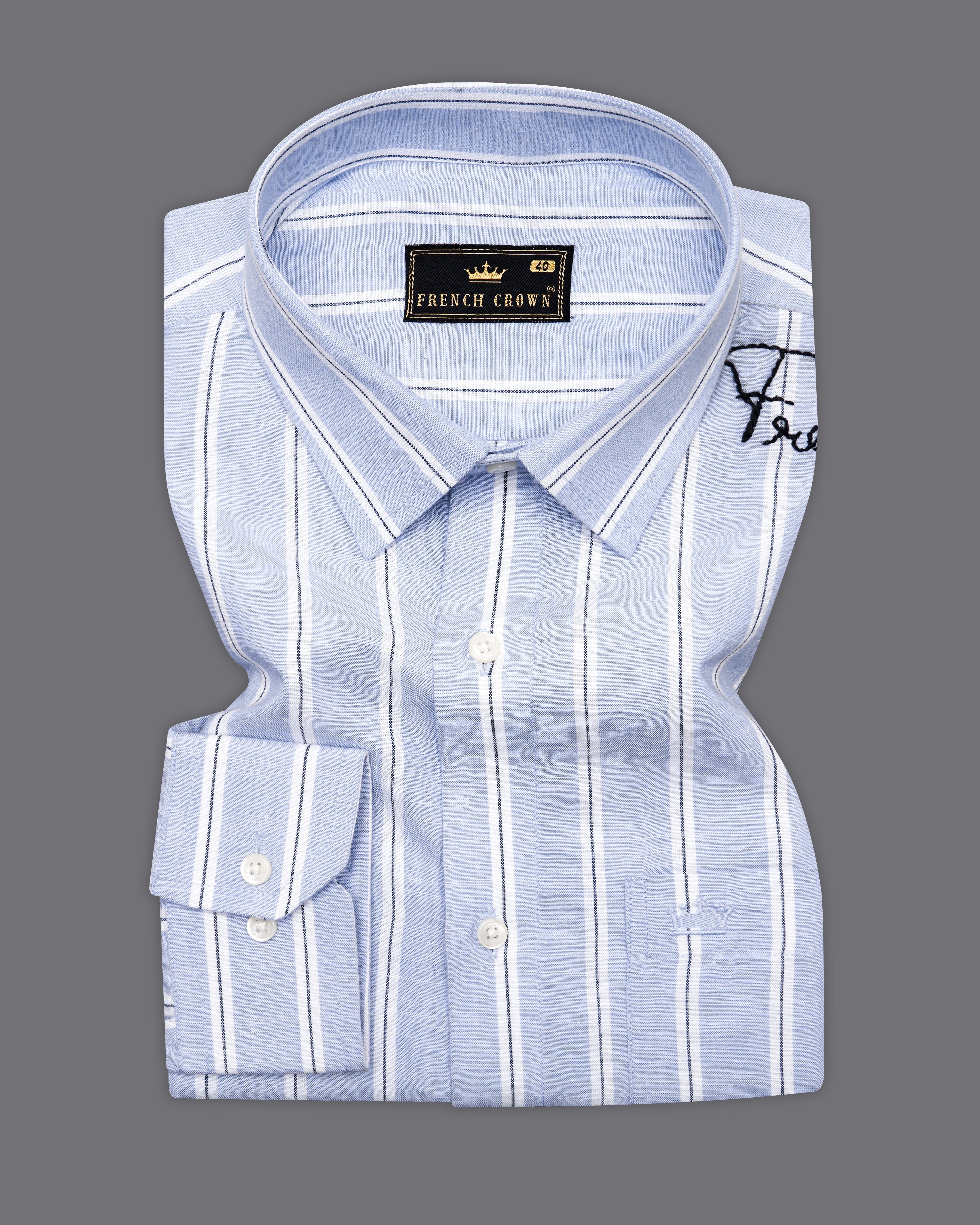 Periwinkle Blue and White Striped Luxurious Linen Hand Embroidered Signature Designer Shirt 7572-EH084-38, 7572-EH084-H-38, 7572-EH084-39, 7572-EH084-H-39, 7572-EH084-40, 7572-EH084-H-40, 7572-EH084-42, 7572-EH084-H-42, 7572-EH084-44, 7572-EH084-H-44, 7572-EH084-46, 7572-EH084-H-46, 7572-EH084-48, 7572-EH084-H-48, 7572-EH084-50, 7572-EH084-H-50, 7572-EH084-52, 7572-EH084-H-52