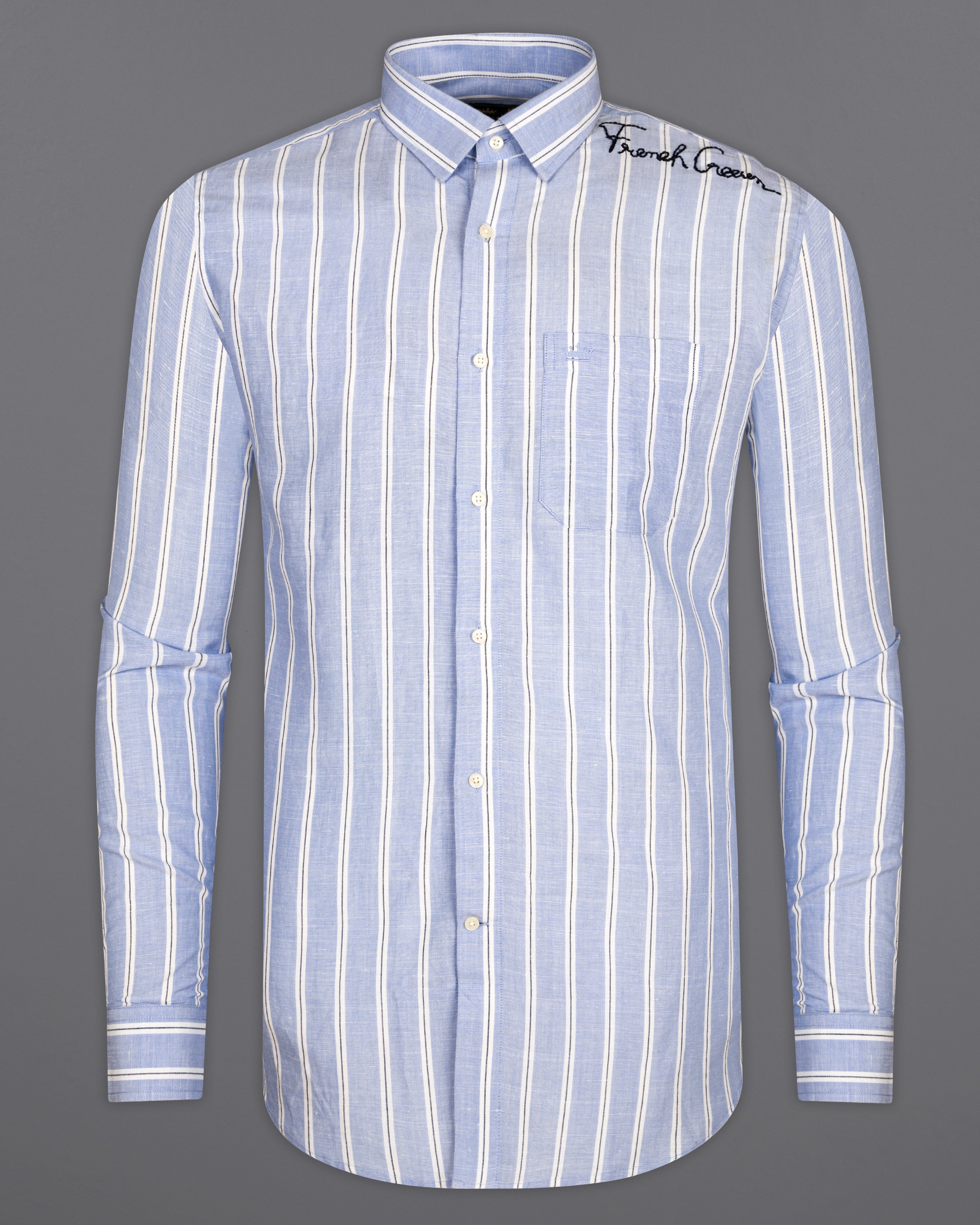 Periwinkle Blue and White Striped Luxurious Linen Hand Embroidered Signature Designer Shirt 7572-EH084-38, 7572-EH084-H-38, 7572-EH084-39, 7572-EH084-H-39, 7572-EH084-40, 7572-EH084-H-40, 7572-EH084-42, 7572-EH084-H-42, 7572-EH084-44, 7572-EH084-H-44, 7572-EH084-46, 7572-EH084-H-46, 7572-EH084-48, 7572-EH084-H-48, 7572-EH084-50, 7572-EH084-H-50, 7572-EH084-52, 7572-EH084-H-52