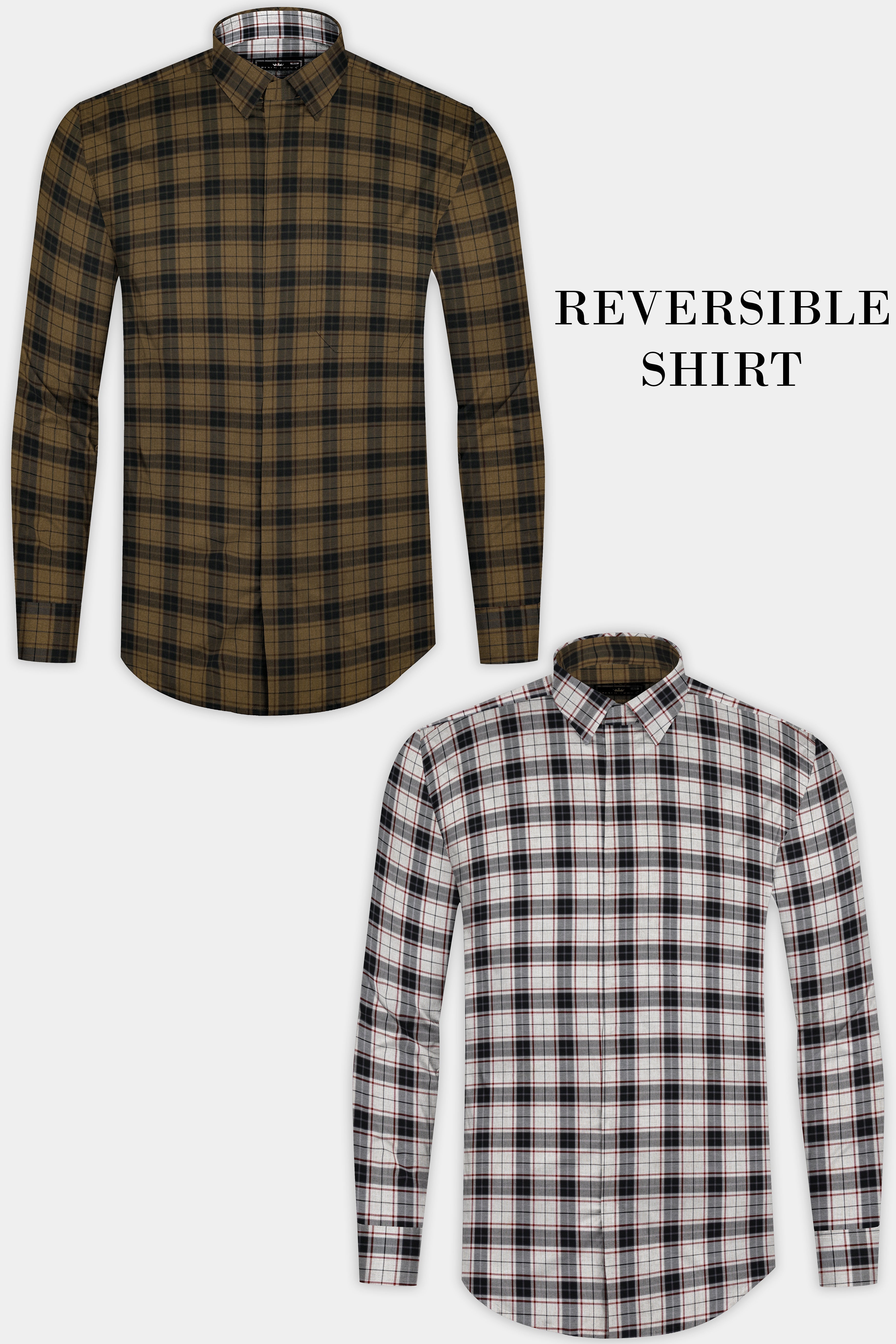 Bright White Plaid and Korma Brown Plaid Royal Oxford Reversible Shirt