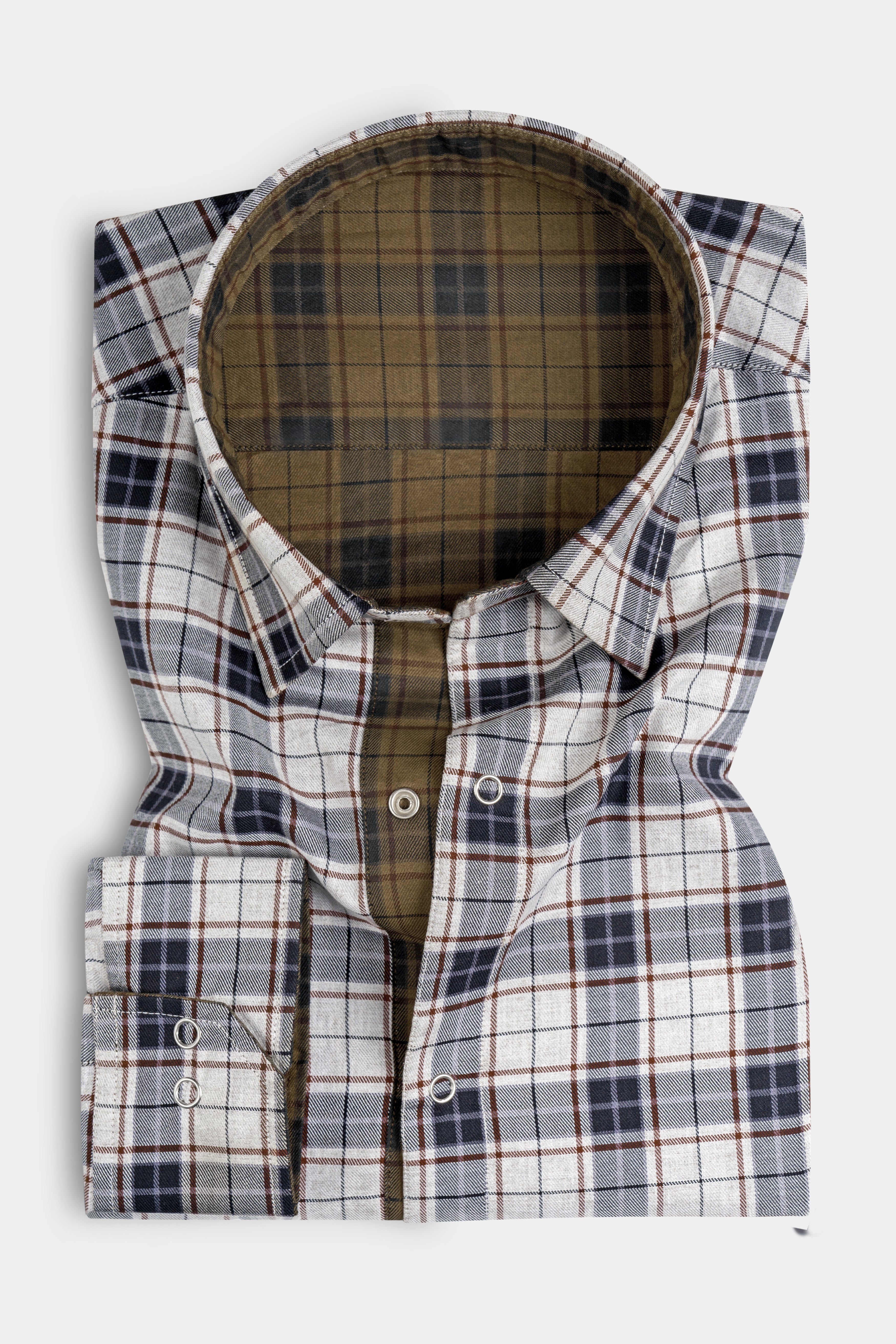 Bright White Plaid and Korma Brown Plaid Royal Oxford Reversible Shirt